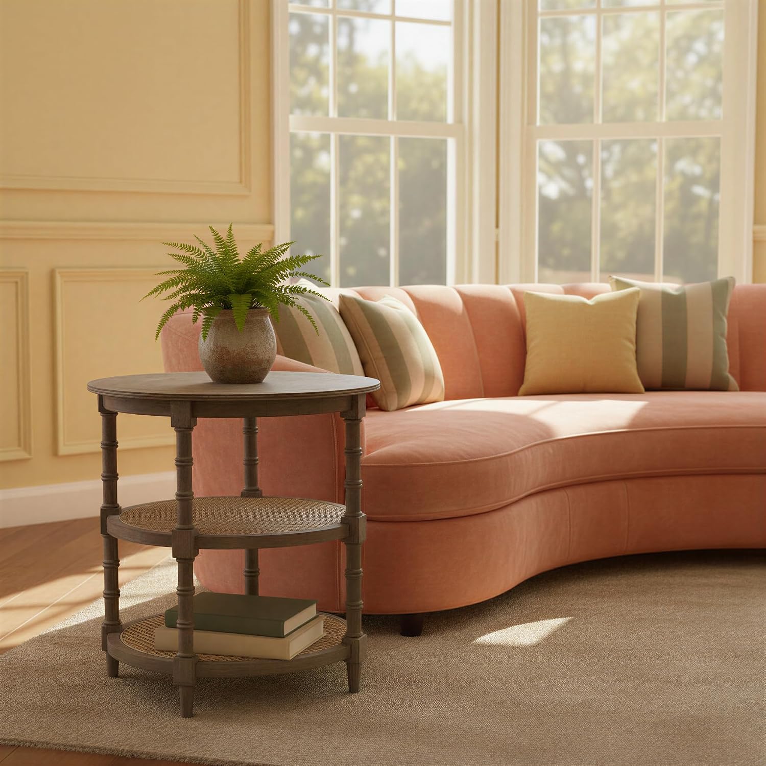 Creative Co-Op Round Mango Wood Table with 2 Cane Shelves