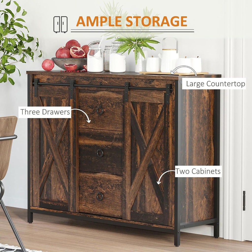 Industrial Farmhouse Buffet Cabinet, Kitchen Sideboard with Sliding Barn Doors, Three Drawers and Adjustable Shelves for Living Room, Dining Room, Rustic Brown ﻿,for The Kitchen