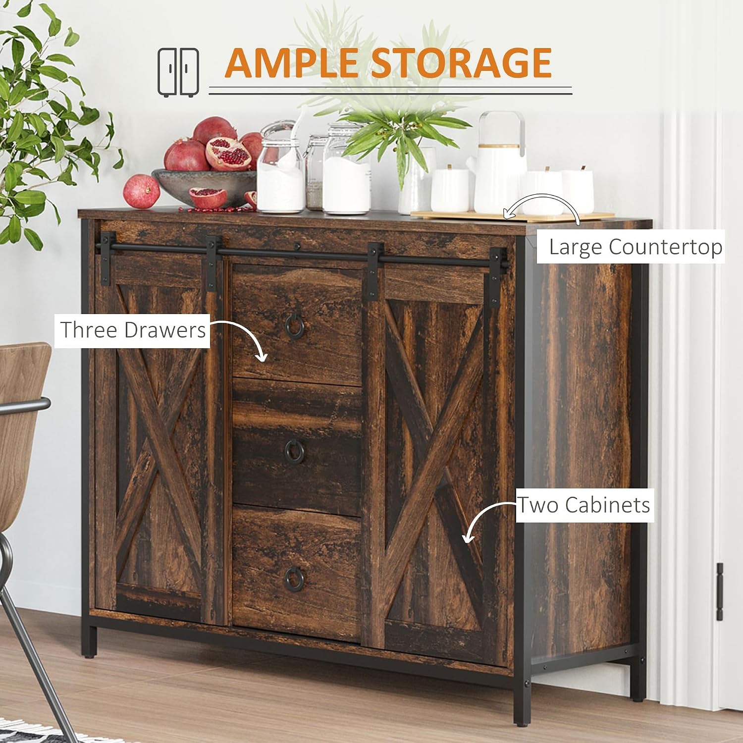 Industrial Farmhouse Buffet Cabinet, Kitchen Sideboard with Sliding Barn Doors, Three Drawers and Adjustable Shelves for Living Room, Dining Room, Rustic Brown ﻿,for The Kitchen
