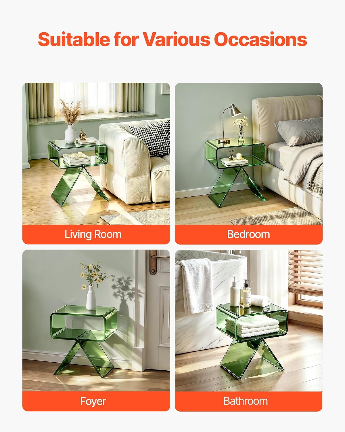 VEVOR Acrylic Nightstand Side Table, Modern Clear End Table with Storage Shelf, Transparent Small Bedside Table for Bedroom, Home Decor, Living Room, No Assembly Needed, Green