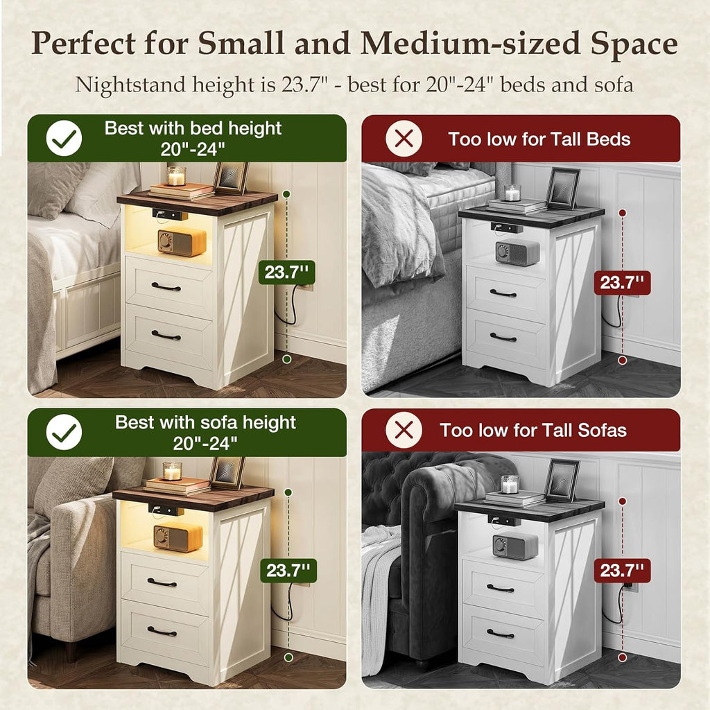 AODK Farmhouse Nightstand Set of 2, Bedside Tables with Charging Station & LED Lights, End Tables with Two Drawers and Open Storage, Rustic Bed Side Tables for Bedroom, Rustic White & Walnut
