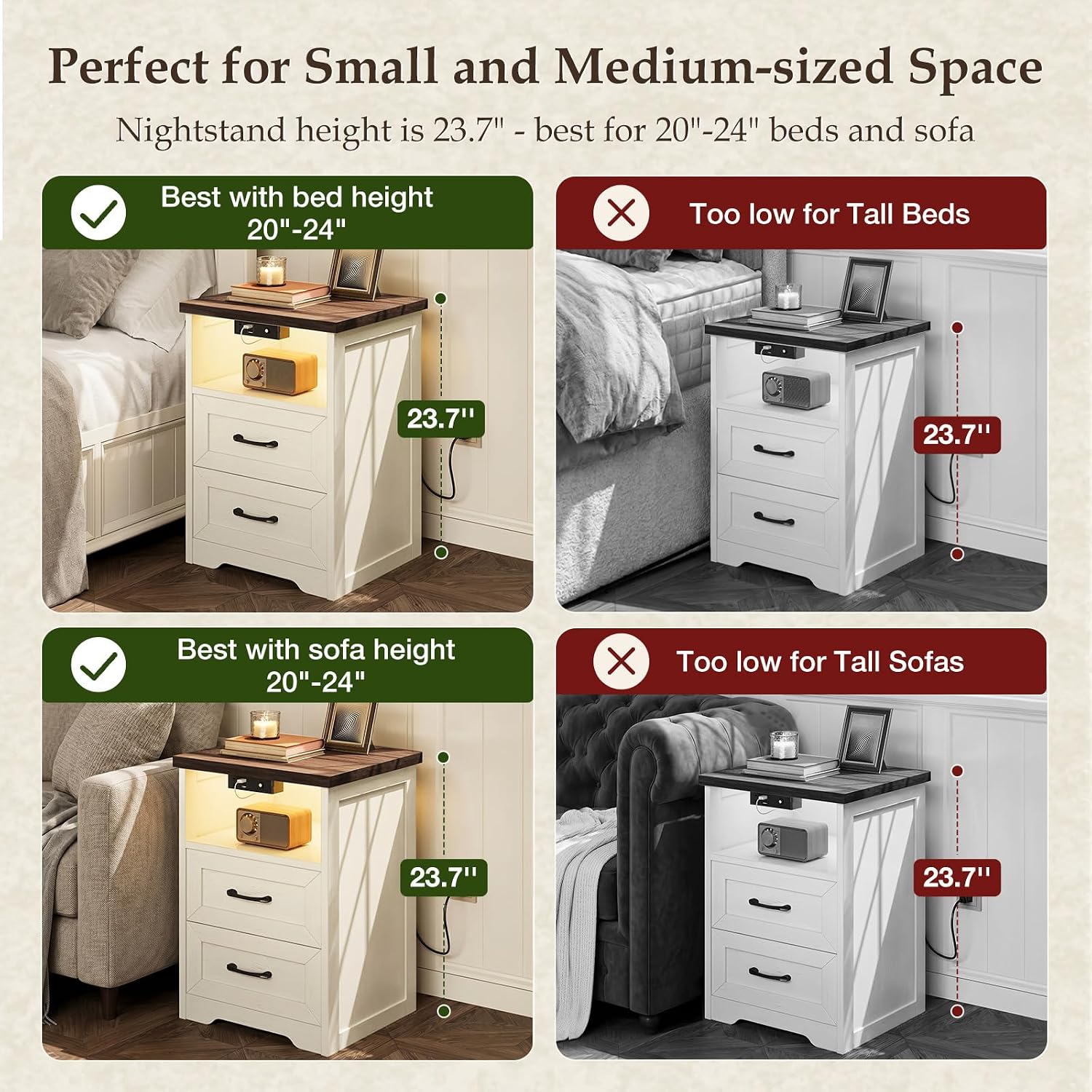 AODK Farmhouse Nightstand Set of 2, Bedside Tables with Charging Station & LED Lights, End Tables with Two Drawers and Open Storage, Rustic Bed Side Tables for Bedroom, Rustic White & Walnut