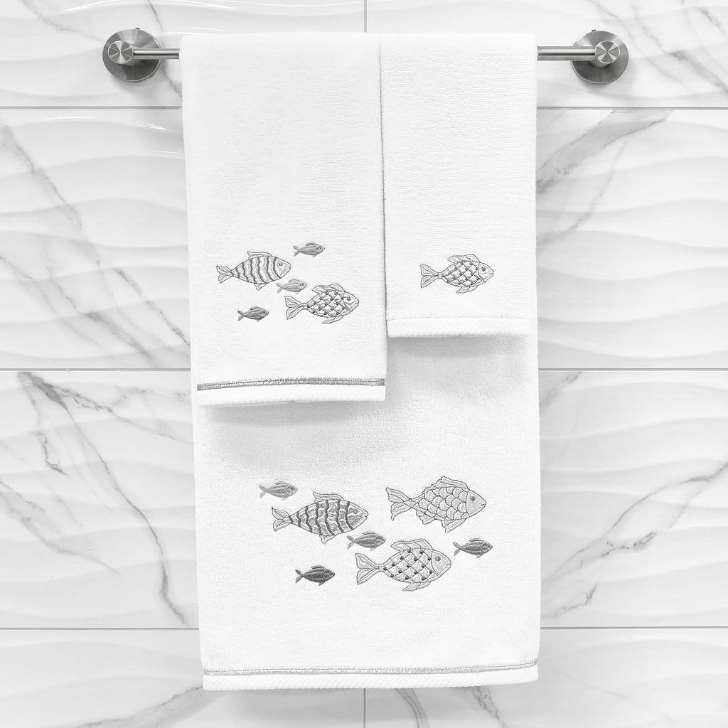 Treasure 4-Piece Premium Towel Set, Sparkling Applique Fish, Ultra Plush Turkish Cotton, Durable, Perfect for Bathroom, 2 Bath 2 Hand Towels, White