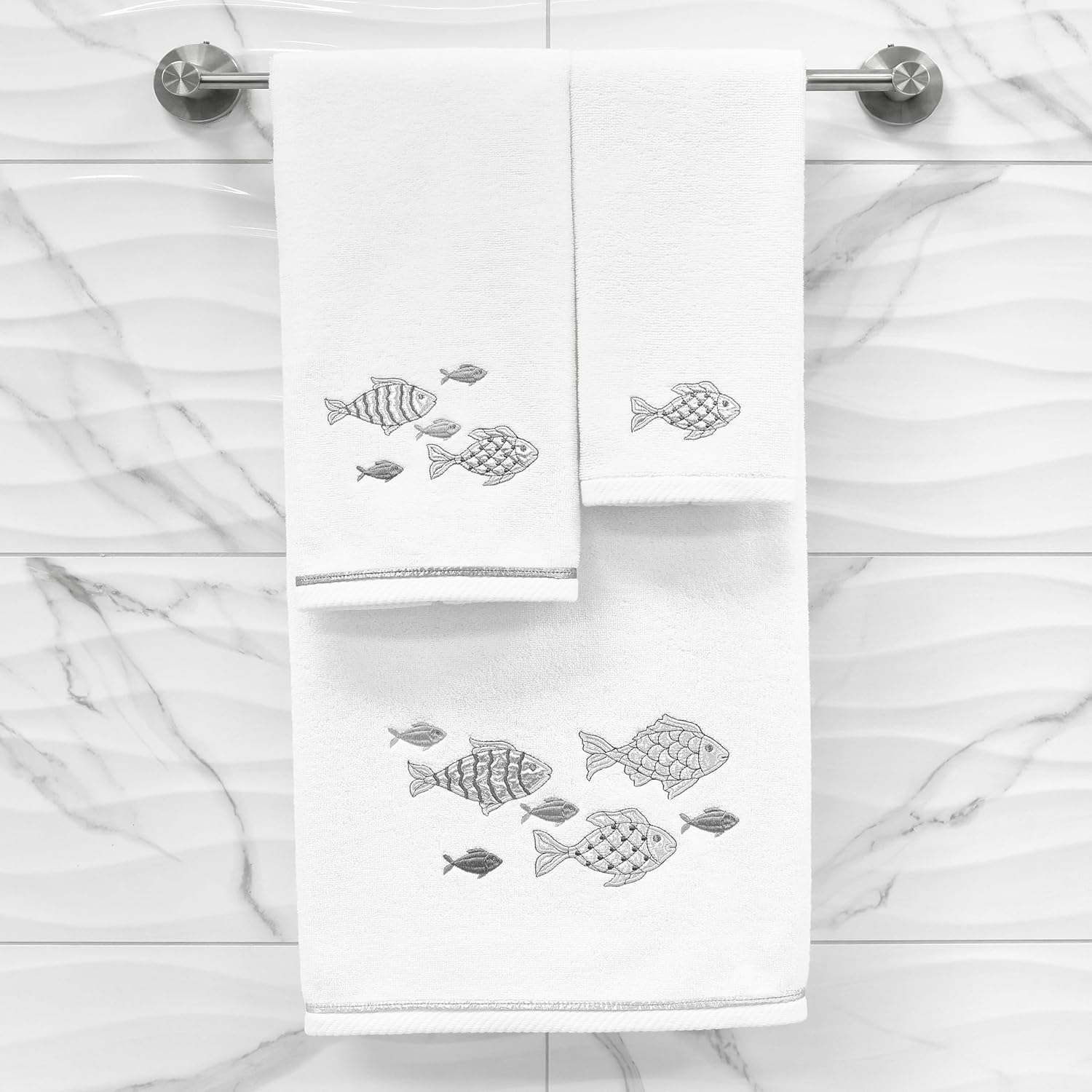 Treasure 4-Piece Premium Towel Set, Sparkling Applique Fish, Ultra Plush Turkish Cotton, Durable, Perfect for Bathroom, 2 Bath 2 Hand Towels, White