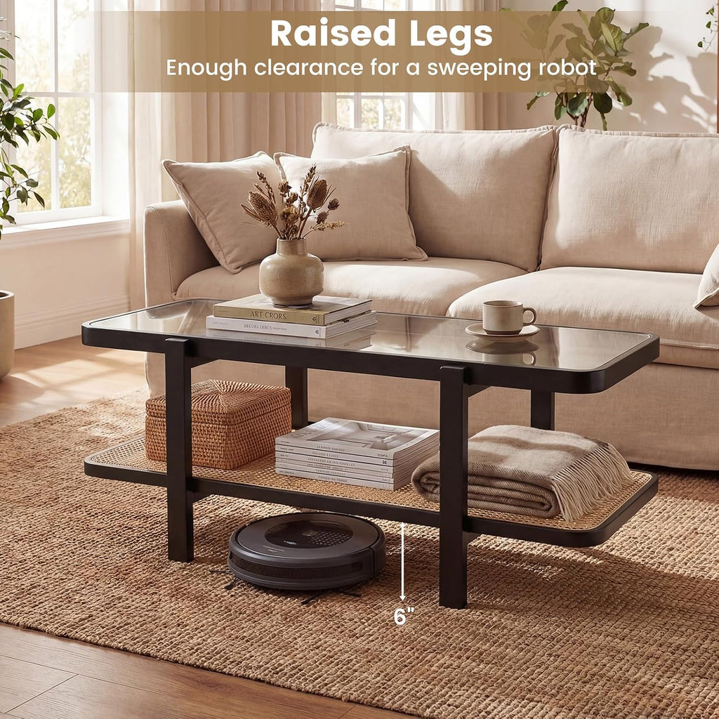 GOFLAME Rattan Coffee Table, 47.5' Solid Wood Center Table with Tempered Glass Top & Rattan Storage Shelf, Rectangular, Farmhouse, Boho, 2-Tier Mid Century Modern Tea Table for Living Room (Black)