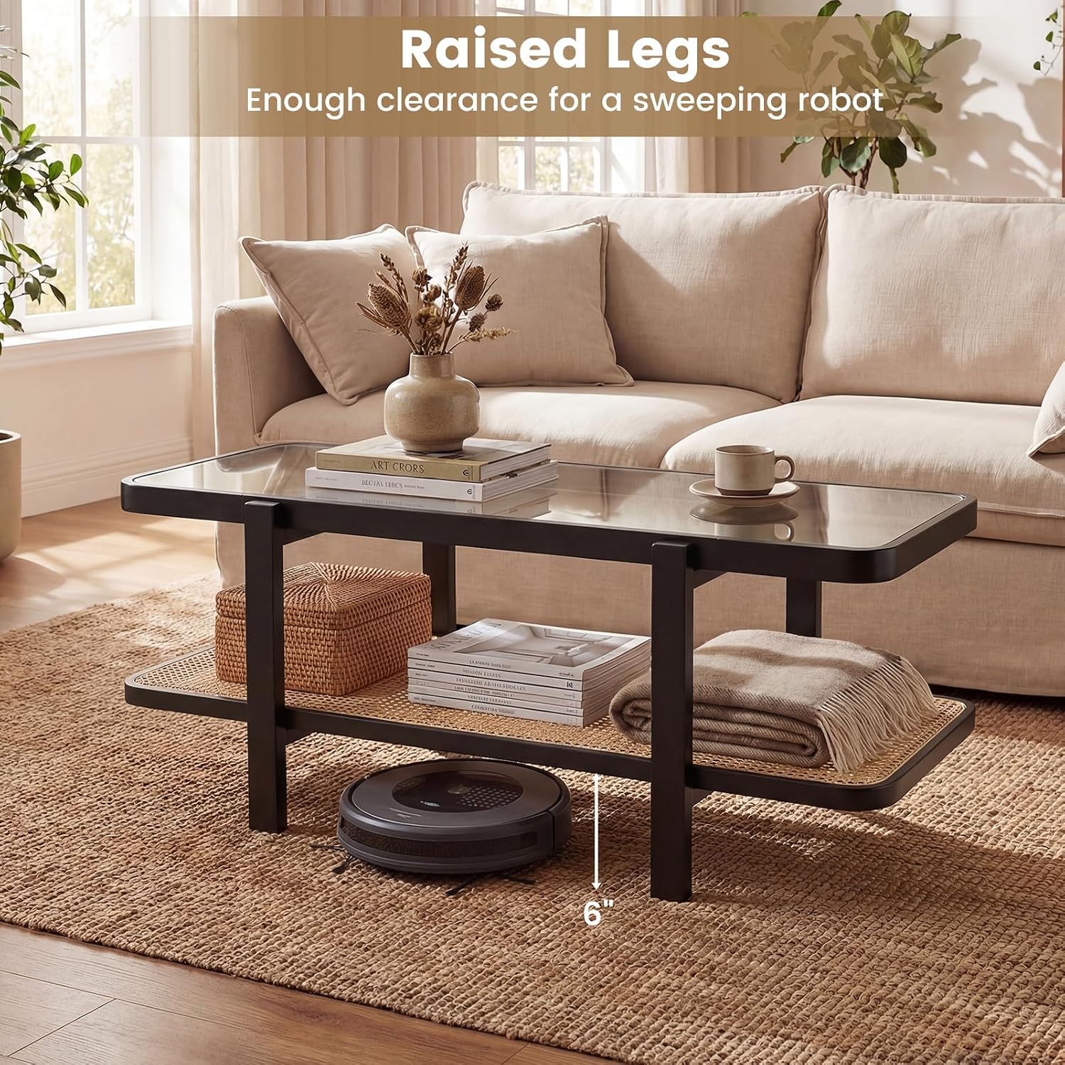 GOFLAME Rattan Coffee Table, 47.5' Solid Wood Center Table with Tempered Glass Top & Rattan Storage Shelf, Rectangular, Farmhouse, Boho, 2-Tier Mid Century Modern Tea Table for Living Room (Black)