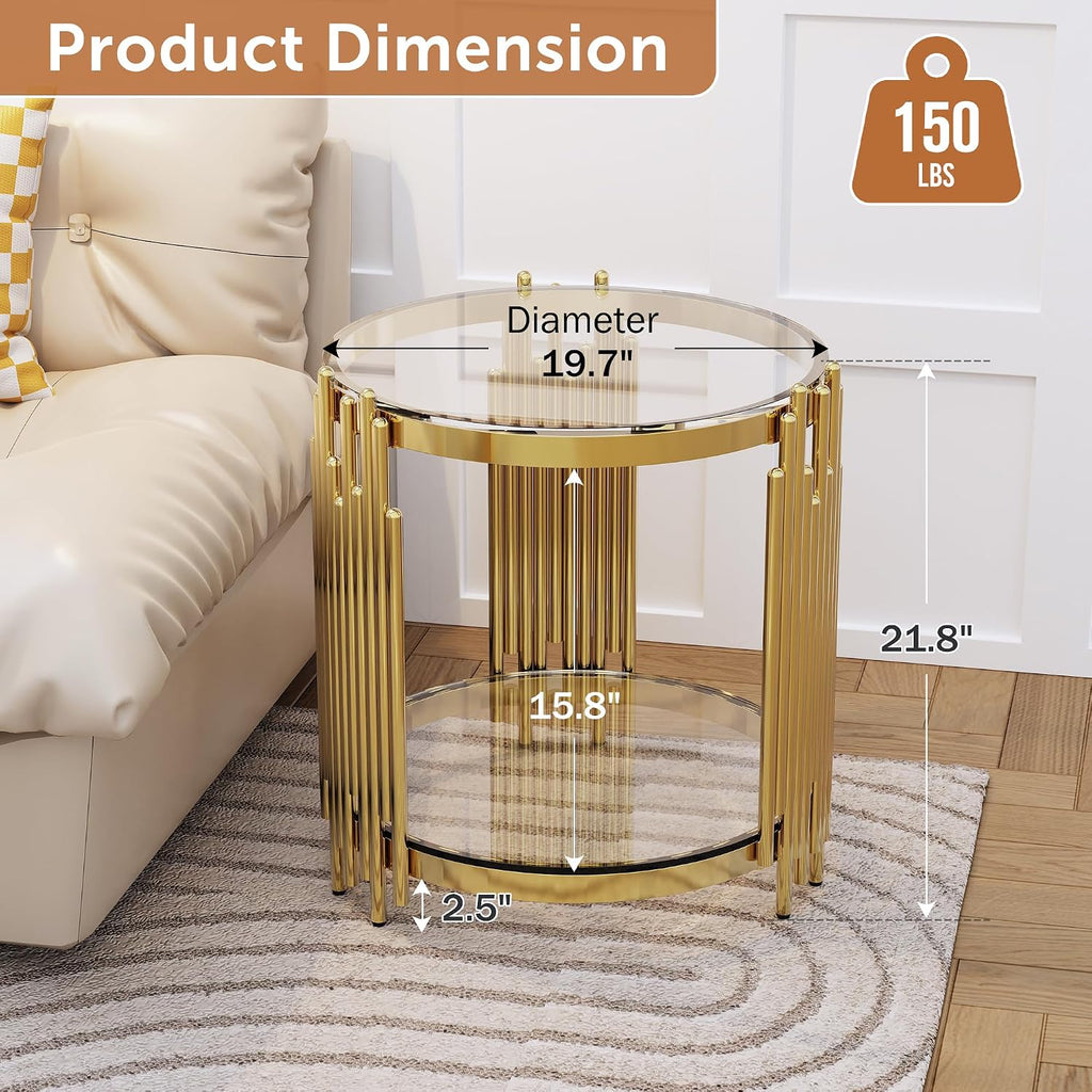 Luxury Gold Round Glass End Table Set of 2, 19.7' Modern Side Table with Stainless Steel Irregular Leg Clear Tempered Glass Tabletop, Accent Furniture for Living Room, Clear