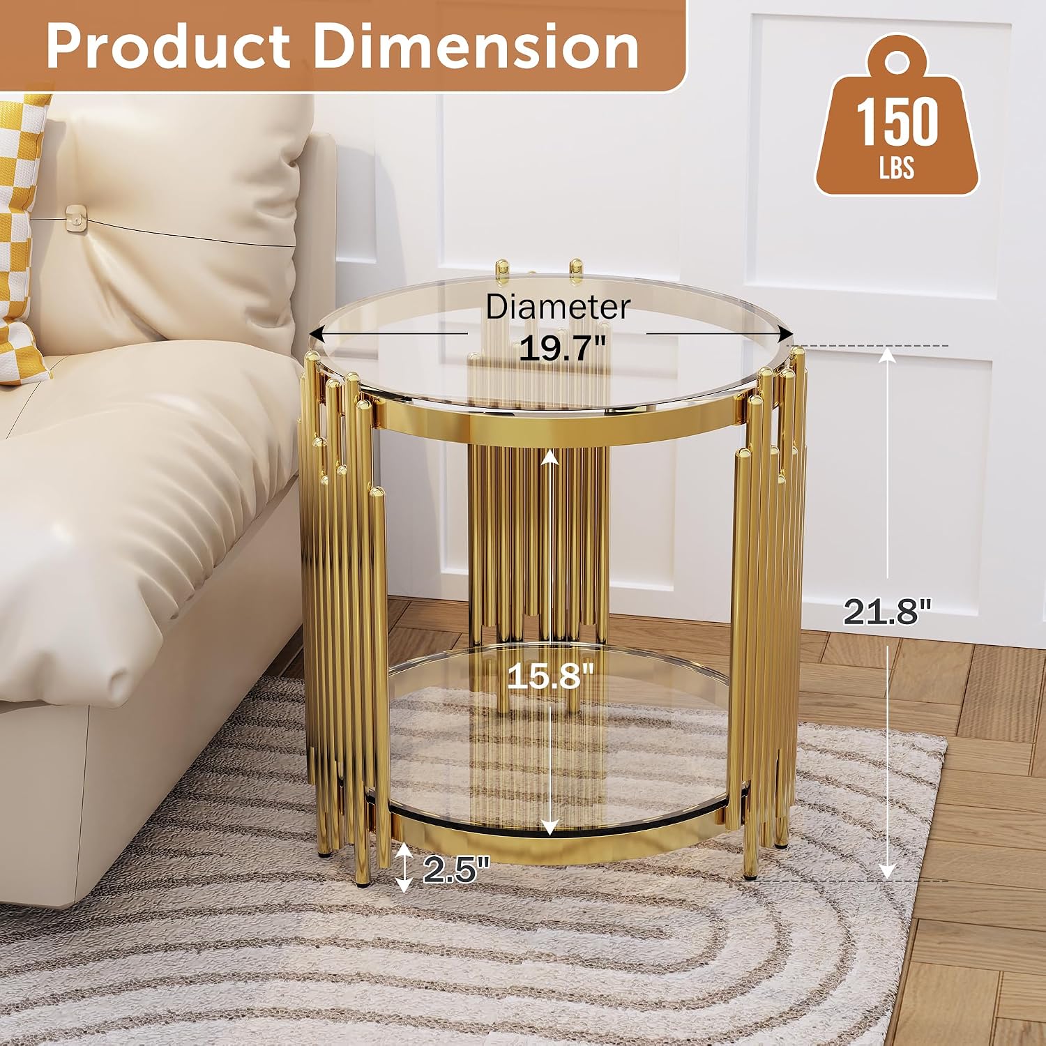 Luxury Gold Round Glass End Table Set of 2, 19.7' Modern Side Table with Stainless Steel Irregular Leg Clear Tempered Glass Tabletop, Accent Furniture for Living Room, Clear