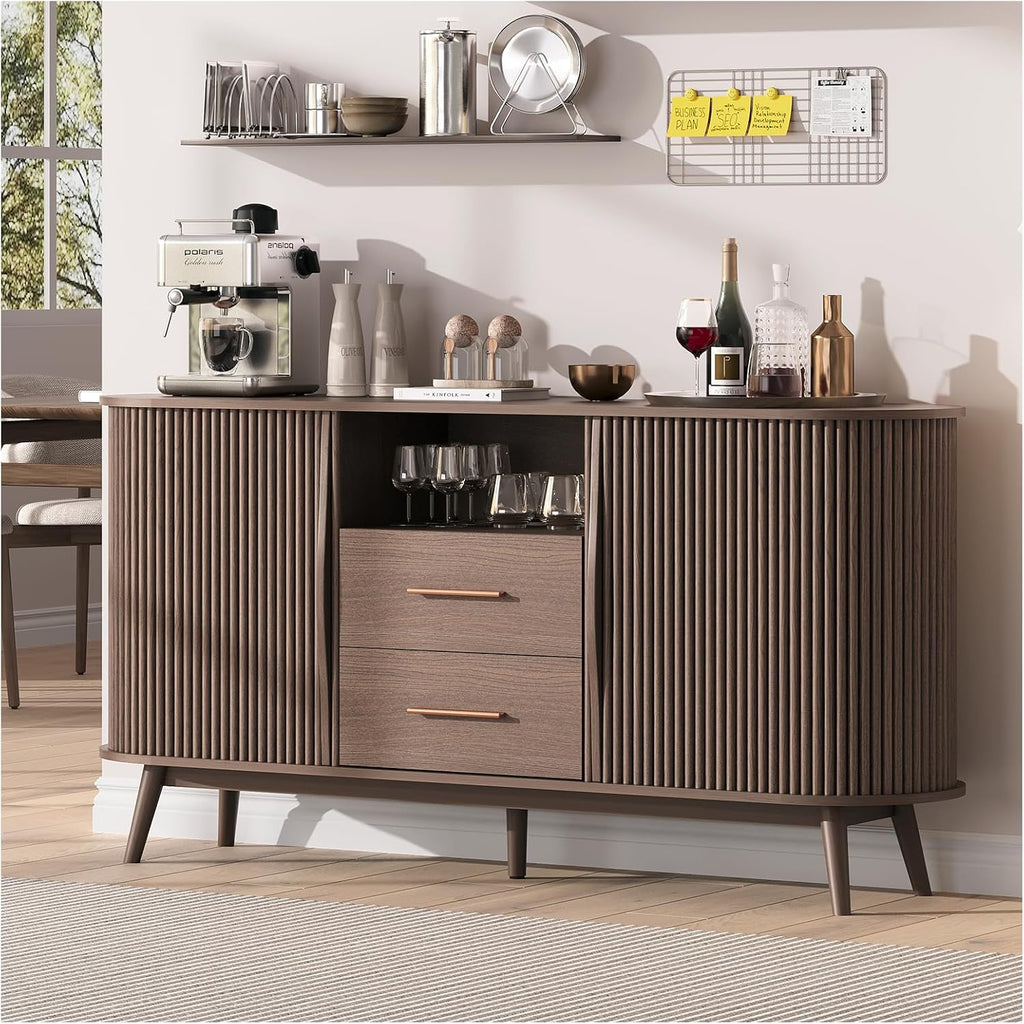 JOINICE 63' Fluted Storage Cabinet for Living Room,Mid-Century Modern Sideboard with Sliding Doors, Walnut Buffet Cabinet with Drawers & Solid Wood Legs, Large Accent Credenza for Home, Dining Room