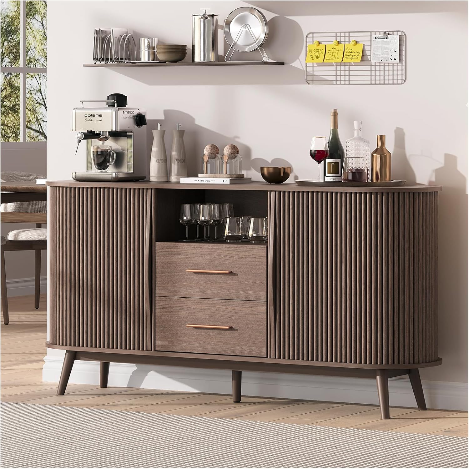 JOINICE 63' Fluted Storage Cabinet for Living Room,Mid-Century Modern Sideboard with Sliding Doors, Walnut Buffet Cabinet with Drawers & Solid Wood Legs, Large Accent Credenza for Home, Dining Room