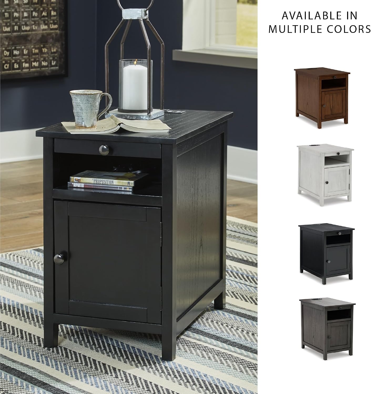 Signature Design by Ashley Treytown Casual Compact Chairside End Table with a Storage Cabinet, Open Cubby Shelf, Pull-Out Tray & USB Charging Ports, Black