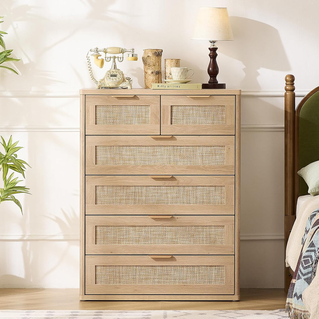 LEYAOYAO Rattan Dresser for Bedroom Set of 2, 41' Tall Chest of Drawers, Modern 6 Drawers Boho Dressers with Storage, Light Oak Dresser Wooden Closet Organizer for Living Room, Hallway, Natural Wood