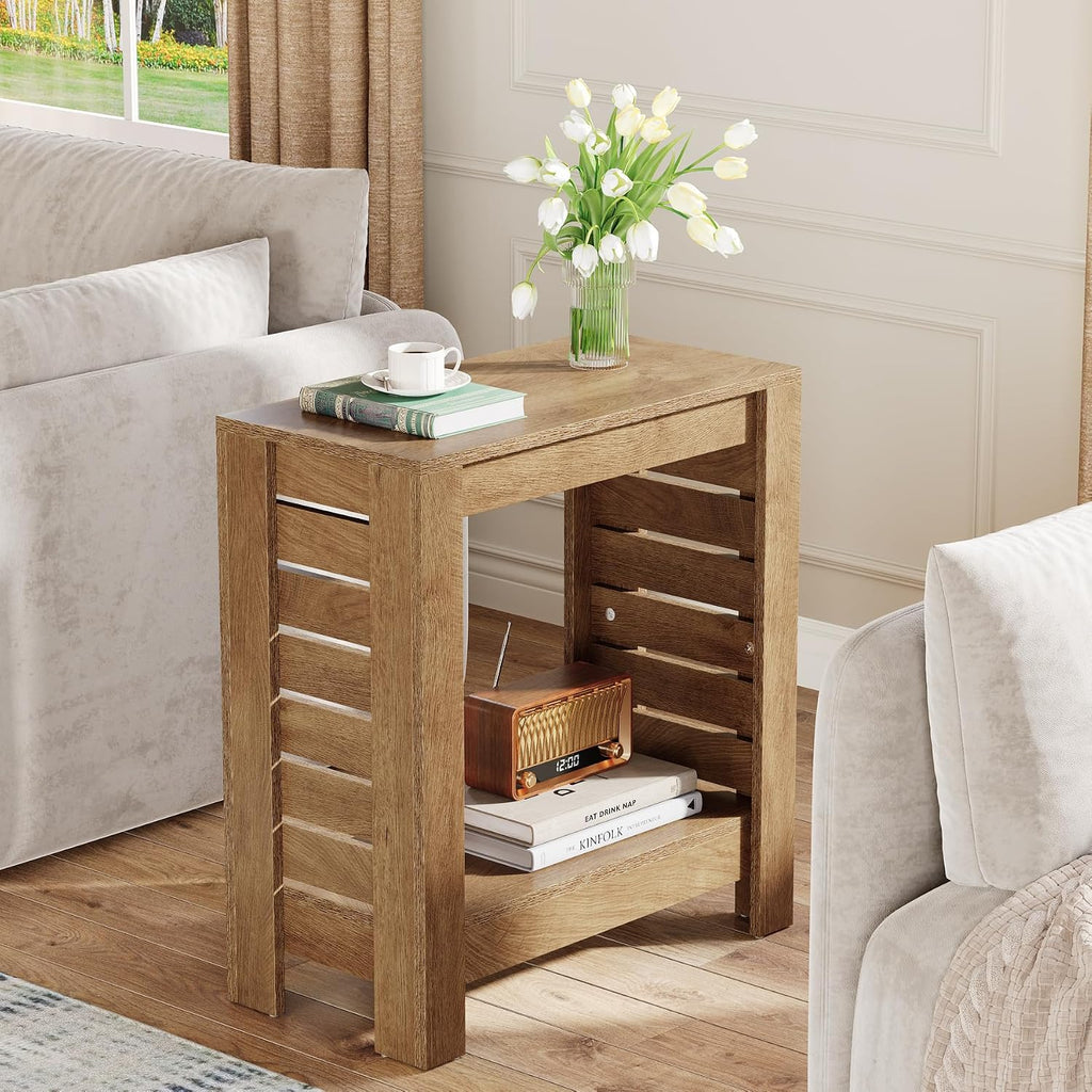 Tribesigns Narrow Side Table Set of 2, 2-Tier Farmhouse Wooden End Table with Storage Shelf, Skinny Accent Nightstand for Living Room, Bedroom and Office, Easy Assembly (2)