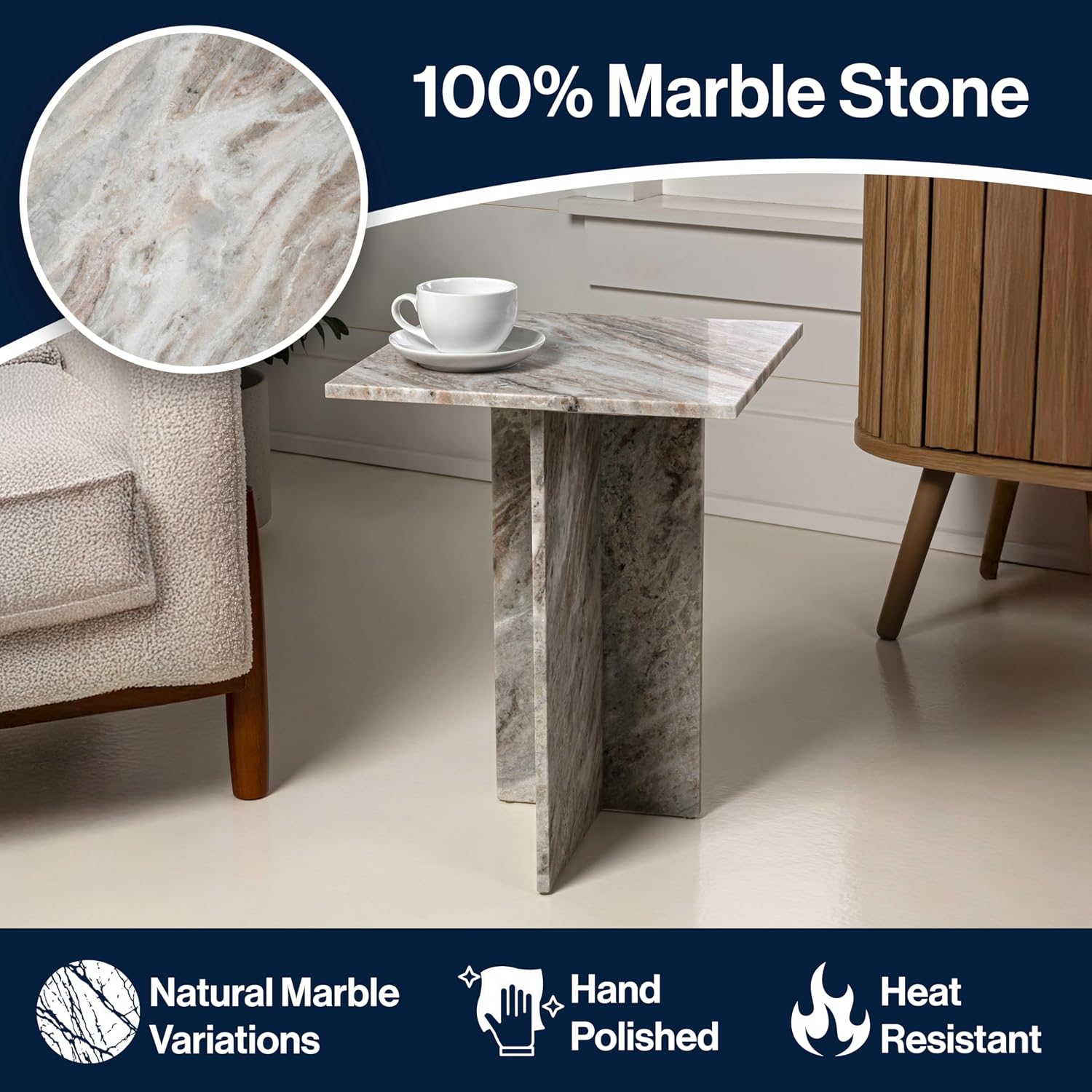 JONATHAN Y MTB1104A Cecil 18.5' Contemporary Natural Marble Handmade T-Shaped End Table for Living Room, Bedroom, Bathroom, Gray/Beige