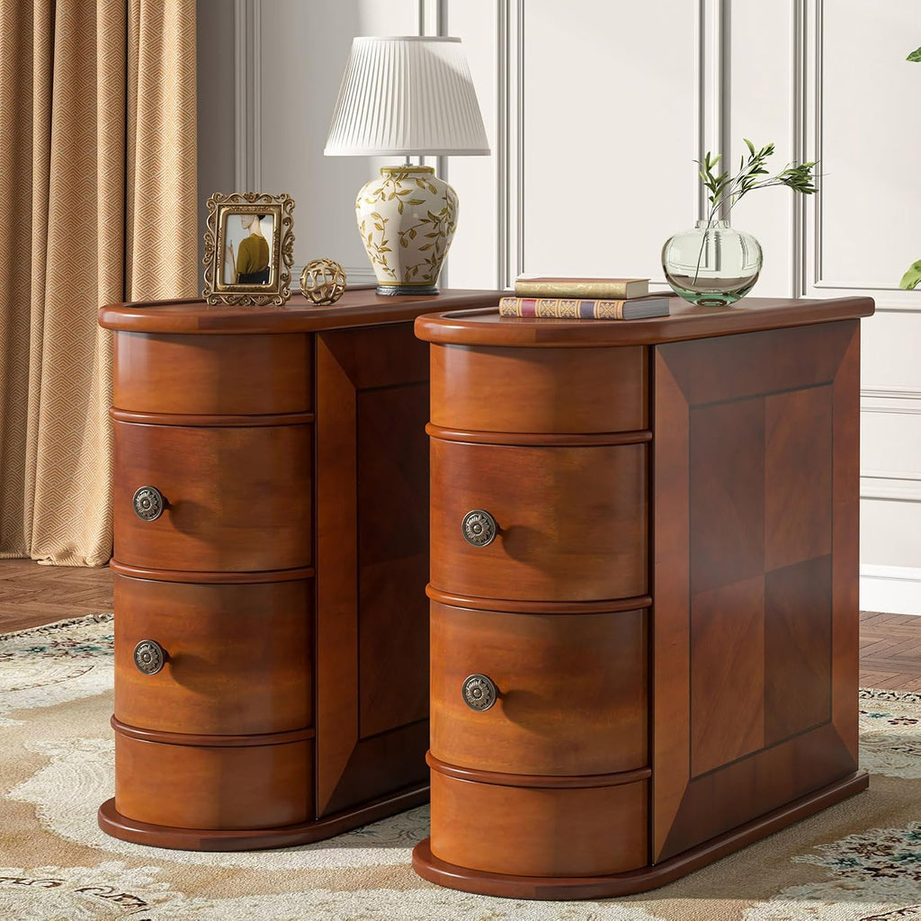 Tribesigns Wood End Table Set of 2, Narrow Solid Side Table 2-Drawer Slim Chair Side Table, No Assembly Required, Finished Back