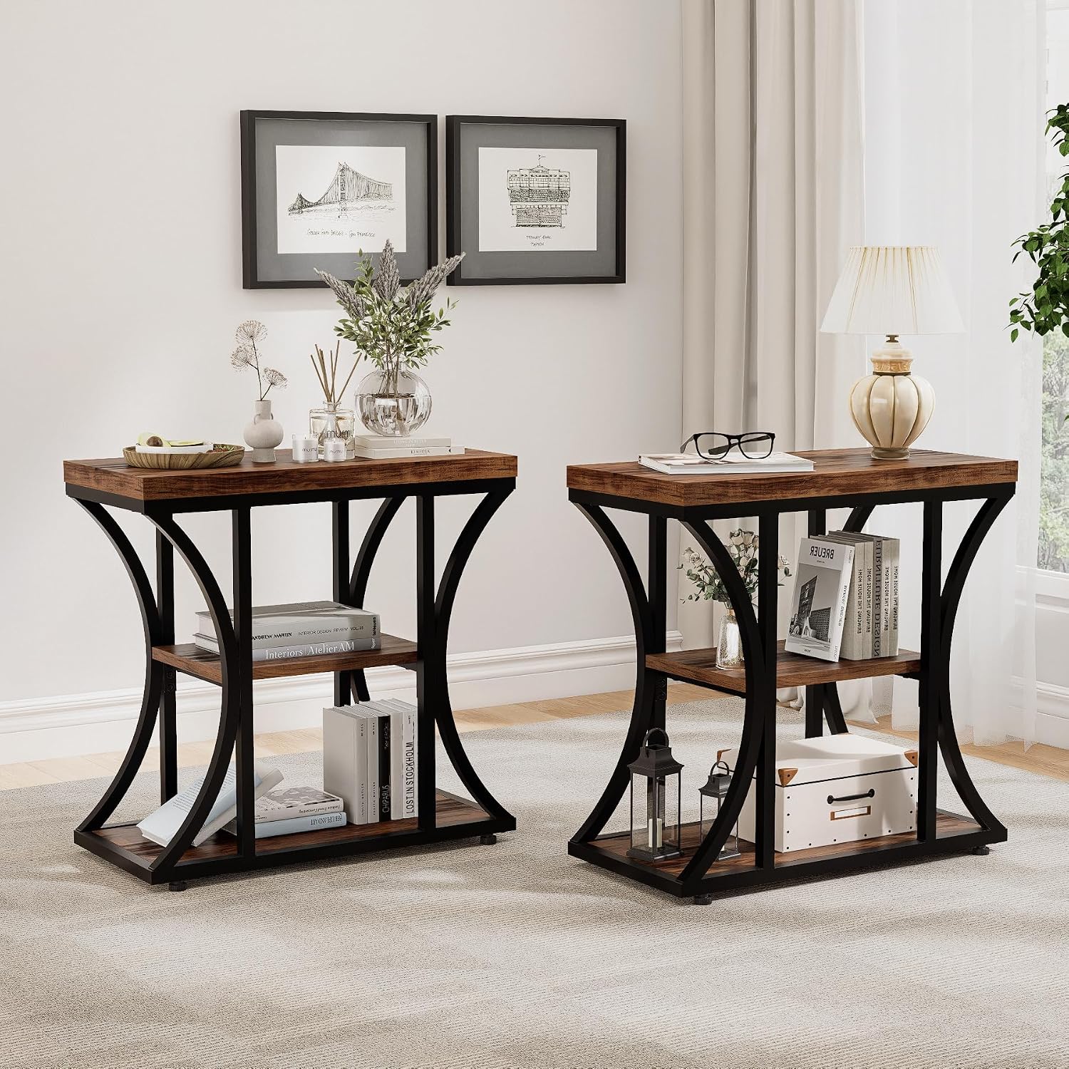 3-Tier End Table, Rustic Nightstand with Storage Shelves, Narrow Side Table for Living Room, Bedroom, Small Spaces – Wood and Metal Accent Table(Set of 2) (2, Rustic Brown)
