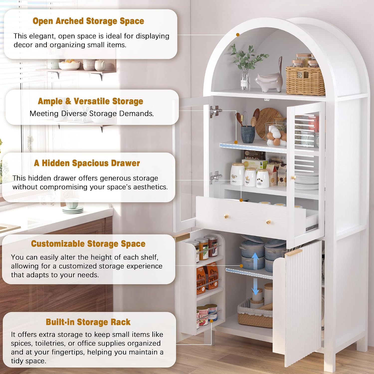 71' Tall Arched Kitchen Pantry with Drawer,Glass Door,Door Racks, Fluted Hutch Cabinet with Storage & Adjustable Shelves,Cupboard Buffet Cabinet for Living Room, Coffee Bar Corner(Natural)