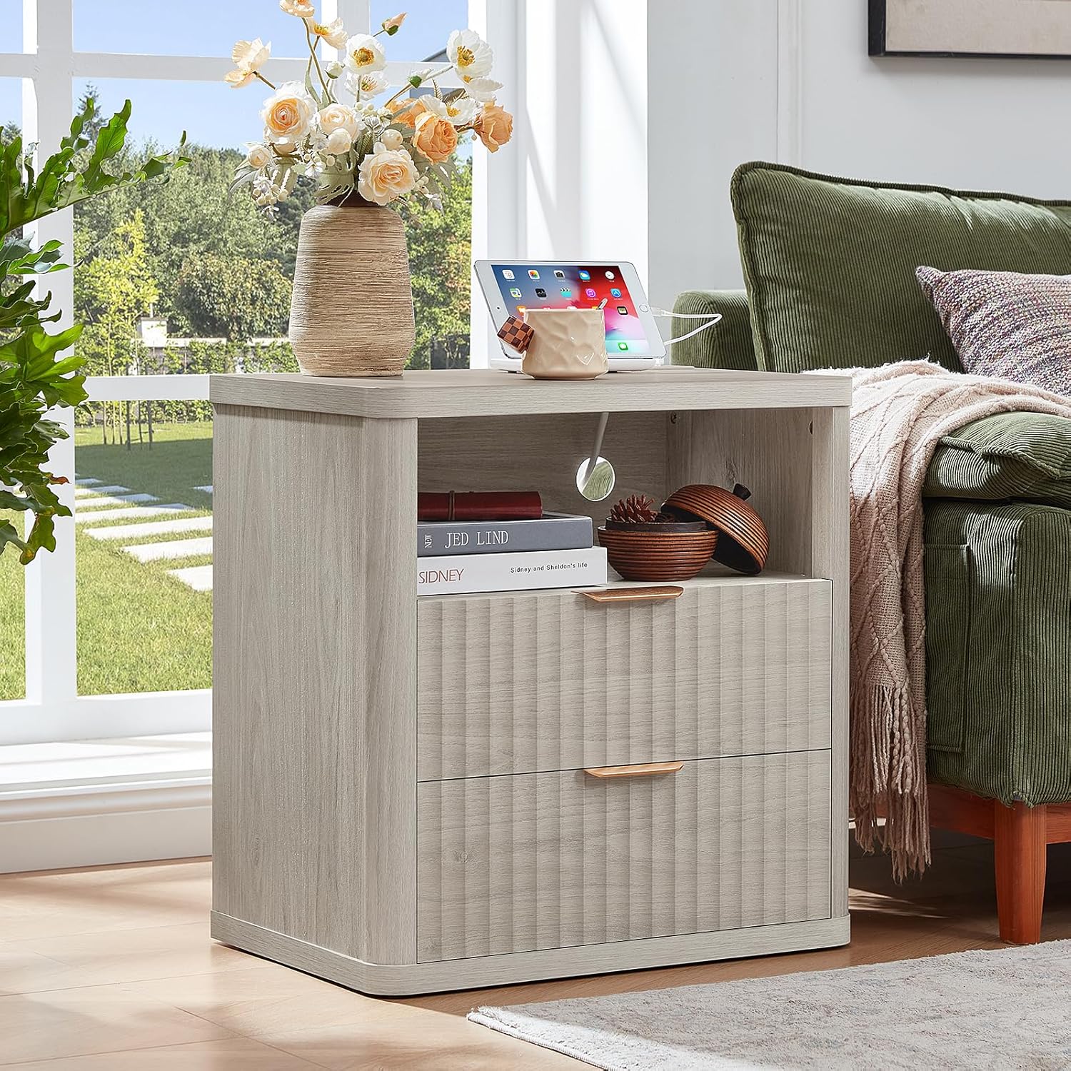 LEYAOYAO Fluted Farmhouse Nightstand Set of 2 with Charging Station, 23' Wide 2 Drawers Night Stand,LightGrey Dresser for Bedroom,Bed Side Table Chest of Drawers,Wood End Table for Living Room