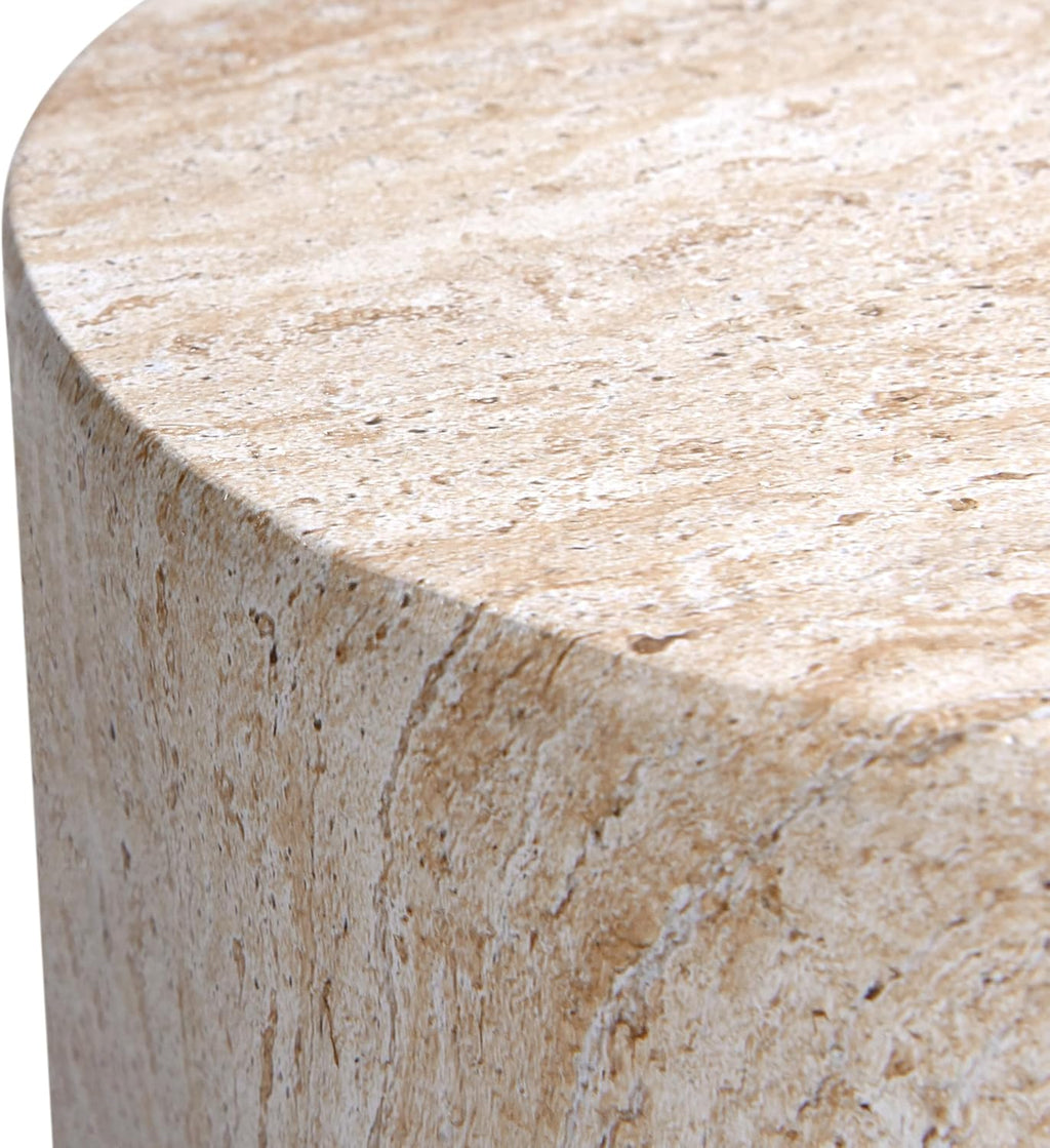 Empire Art Direct Cylinder Travertine Stone Finish Italian Design MgO Side Accent Table, Living Room, Bedroom & Office, 14.2'x14.2'x18.3'