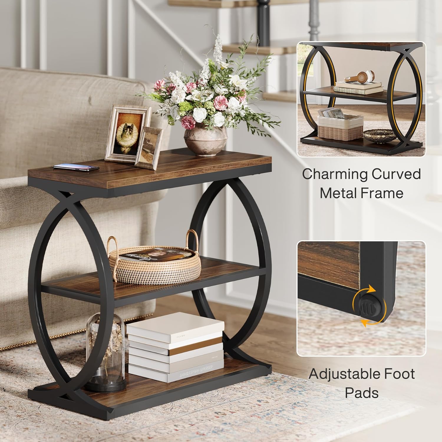 Tribesigns End Table Set of 2, Narrow 3-Tier End Table for Living Room, Industrial Wooden Side Table with Metal Frame, Small Bedside Nightstand for Bedroom, Small Spaces, Rustic Brown