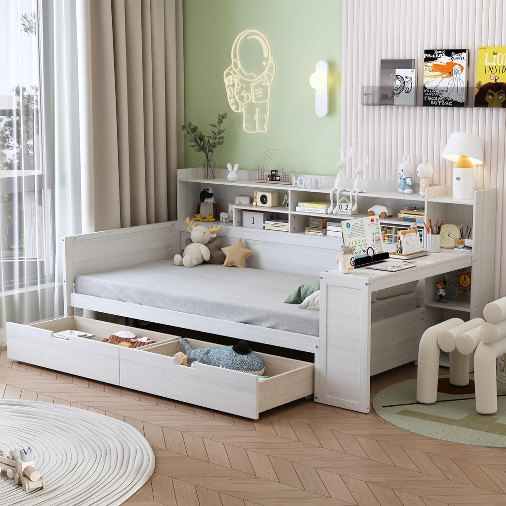 VilroCaz Wooden Twin Size Daybed with Storage Shelves and Study Desk, Multi-Functional Bed DayBed Frame with 2 Storage Drawers for Office Living Room Bedroom, Maximize Space (Antique White-8T)