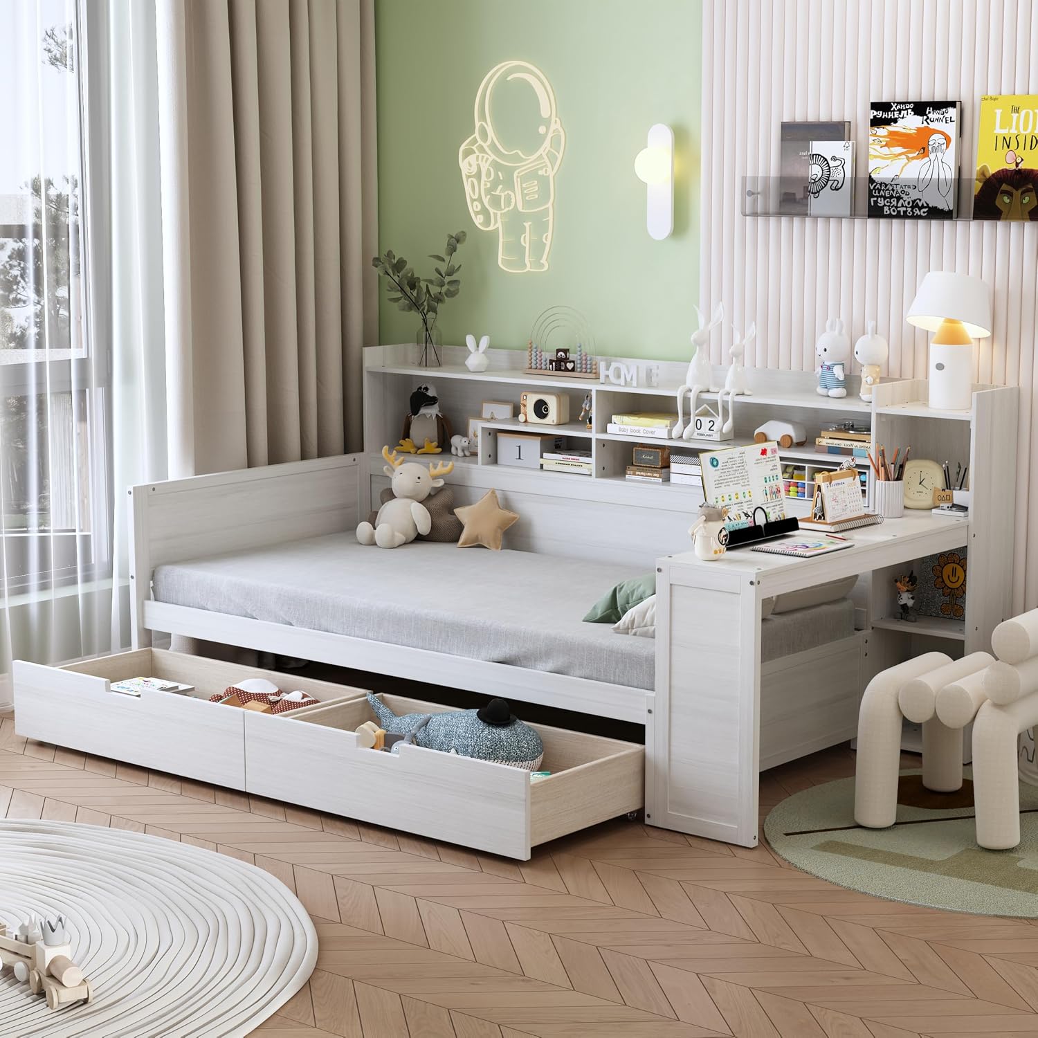 VilroCaz Wooden Twin Size Daybed with Storage Shelves and Study Desk, Multi-Functional Bed DayBed Frame with 2 Storage Drawers for Office Living Room Bedroom, Maximize Space (Antique White-8T)