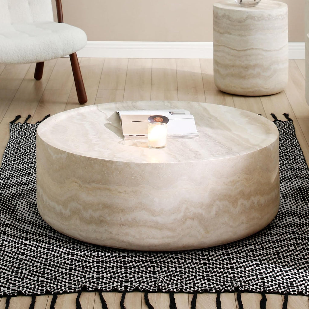 Round Coffee Table for Living Room, Modern Circle Coffee Table Faux Mars Pattern Center Table for Apartment, No Need Assembly (Marble, 31.49 Inch)