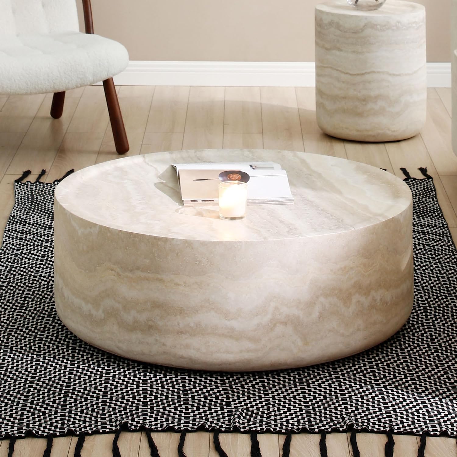 Round Coffee Table for Living Room, Modern Circle Coffee Table Faux Mars Pattern Center Table for Apartment, No Need Assembly (Marble, 31.49 Inch)
