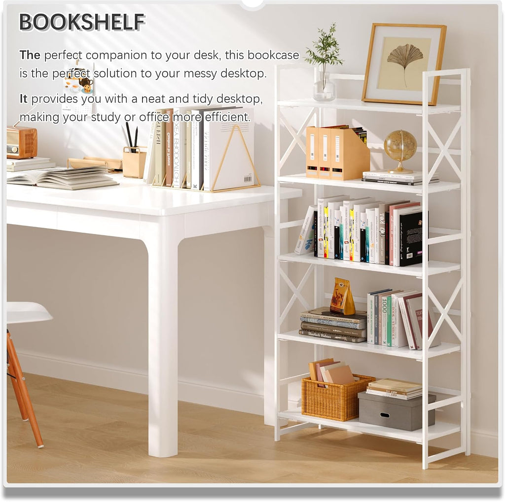 4NM 5 Tiers No Assembly Book Shelves, 51.2' H Folding Bookshelf Bookcase Open Industrial Foldable Shelves for Bedroom, Living Room, Home Office - All White