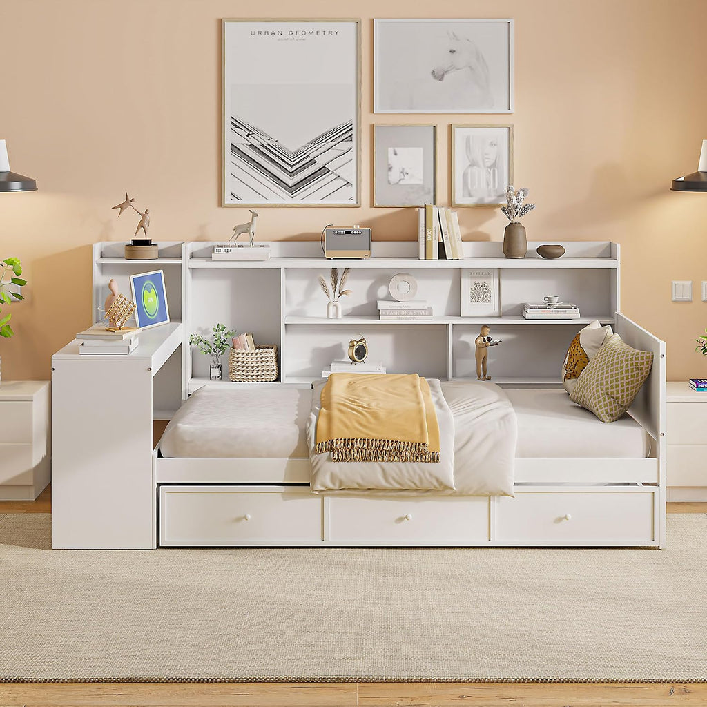 LUMISOL Twin Size Daybed Bed with Desk and Storage, Solid Wood Corner Bed with Bookcase Headboard & Charging Station, Space-Saving L-Shaped Day Bed Frame for Living Room, Guest Room, White