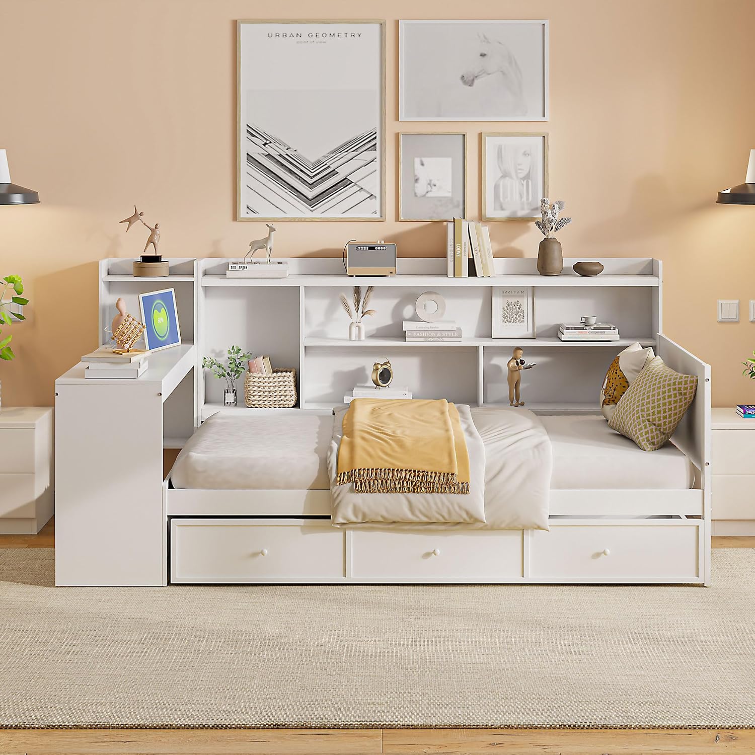 LUMISOL Twin Size Daybed Bed with Desk and Storage, Solid Wood Corner Bed with Bookcase Headboard & Charging Station, Space-Saving L-Shaped Day Bed Frame for Living Room, Guest Room, White