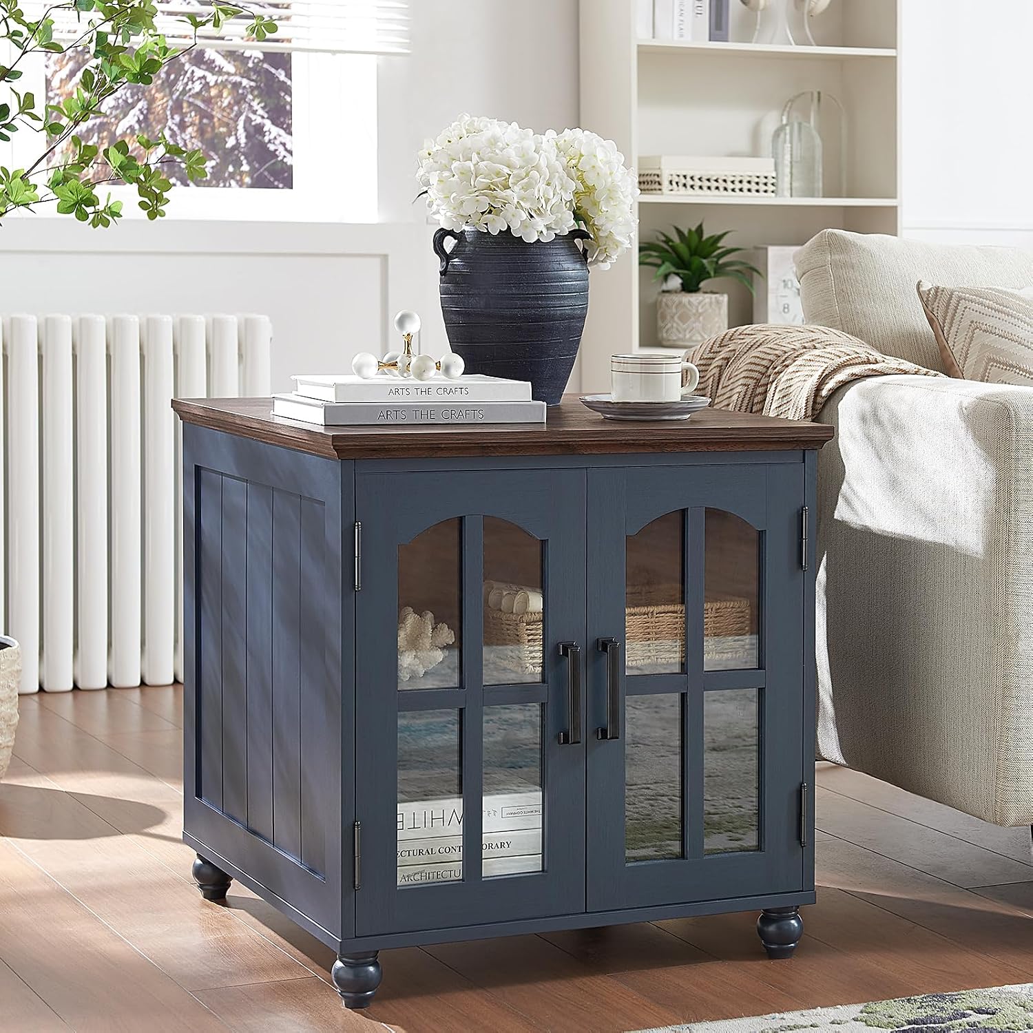 RWYHG Farmhouse 24' End Table Set of 2 with Charging Station, Large Sofa Side Table with Glass Barn Door,Wood Night Stand with Adjustable Storage Shelf,Square Bedside Table for Living Room,Bedroom