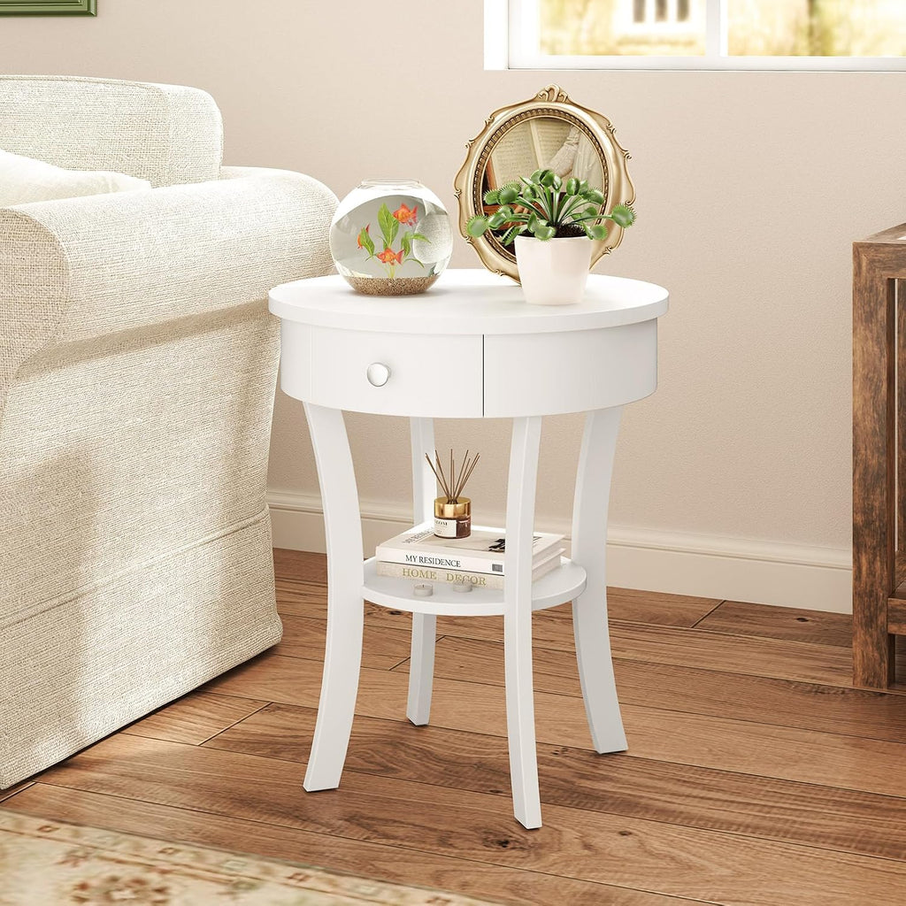 GOFLAME Round End Table with Drawer Set of 2, Sofa Side Table with Solid Wood Legs, Open Storage Shelf, Vintage Accent Table, Display Table, 2-Tier Compact Nightstand for Living Room, White