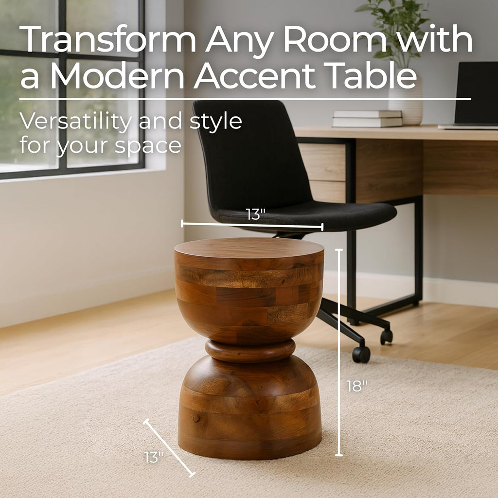 Brown Mango Wood Accent Table with Natural Wood Grain Finish – Unique Hourglass Round Side Table for Living Room, Bedroom, Office, & Home Decor – 13 x 18 Inches