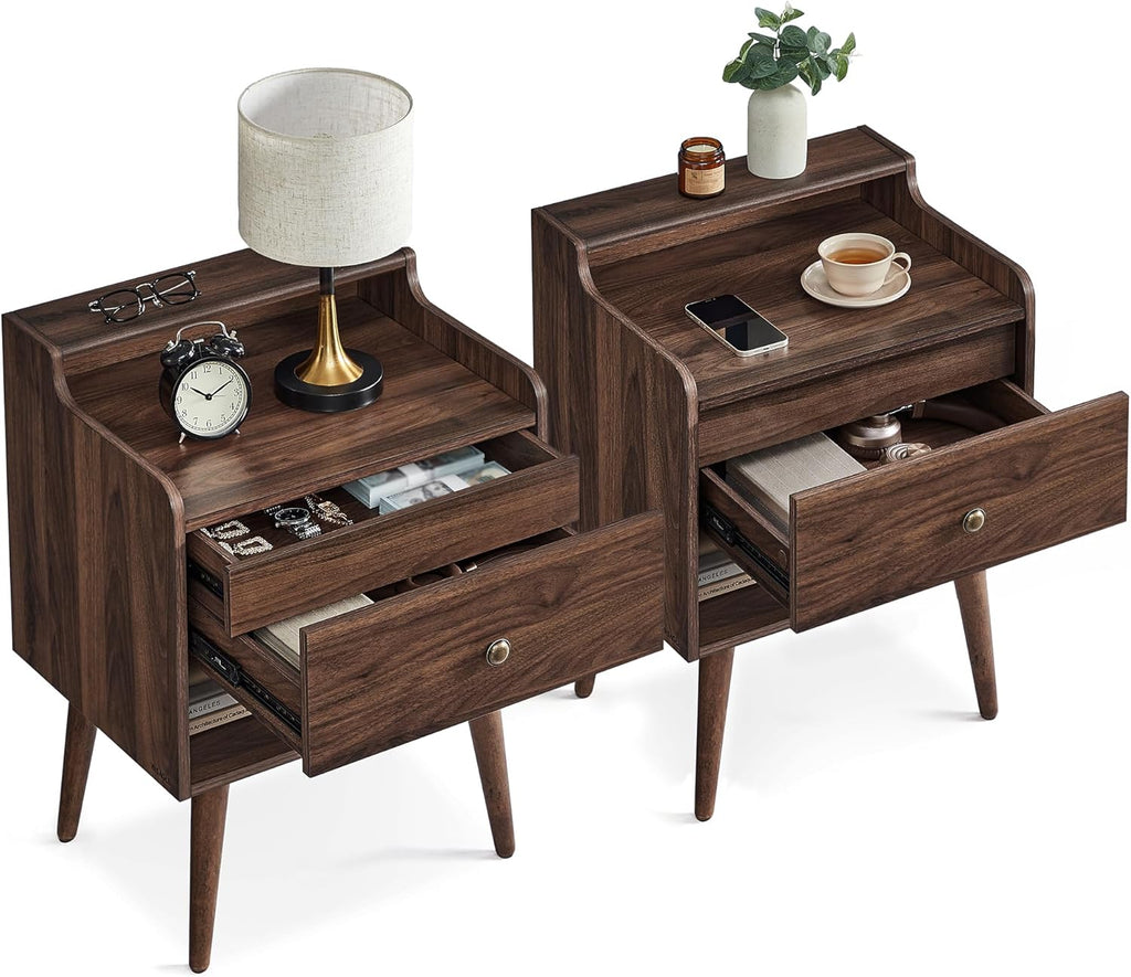 VASAGLE Nightstands, Set of 2, Bedside Tables with Hidden Drawers, Mid-Century End Side Tables with Solid Wood Legs, for Bedroom, Natural Walnut ULET624K01
