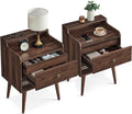 VASAGLE Nightstands, Set of 2, Bedside Tables with Hidden Drawers, Mid-Century End Side Tables with Solid Wood Legs, for Bedroom, Natural Walnut ULET624K01
