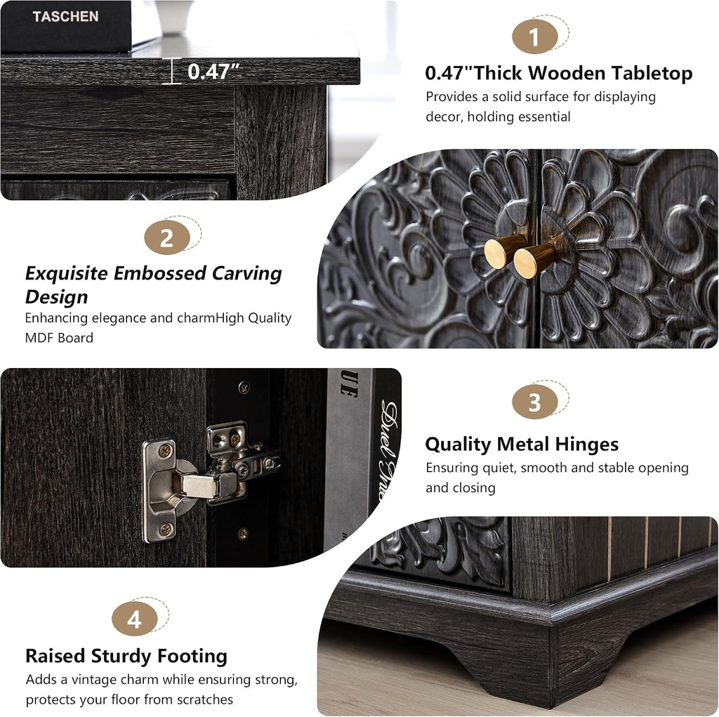 weselon End Table Set of 2, 24' Farmhouse Nightstand with Carved Floral Door & Adjustable Shelf, Square Wooden Sofa Side Table with Storage for Living Room Bedroom (Antique Black-Brown)