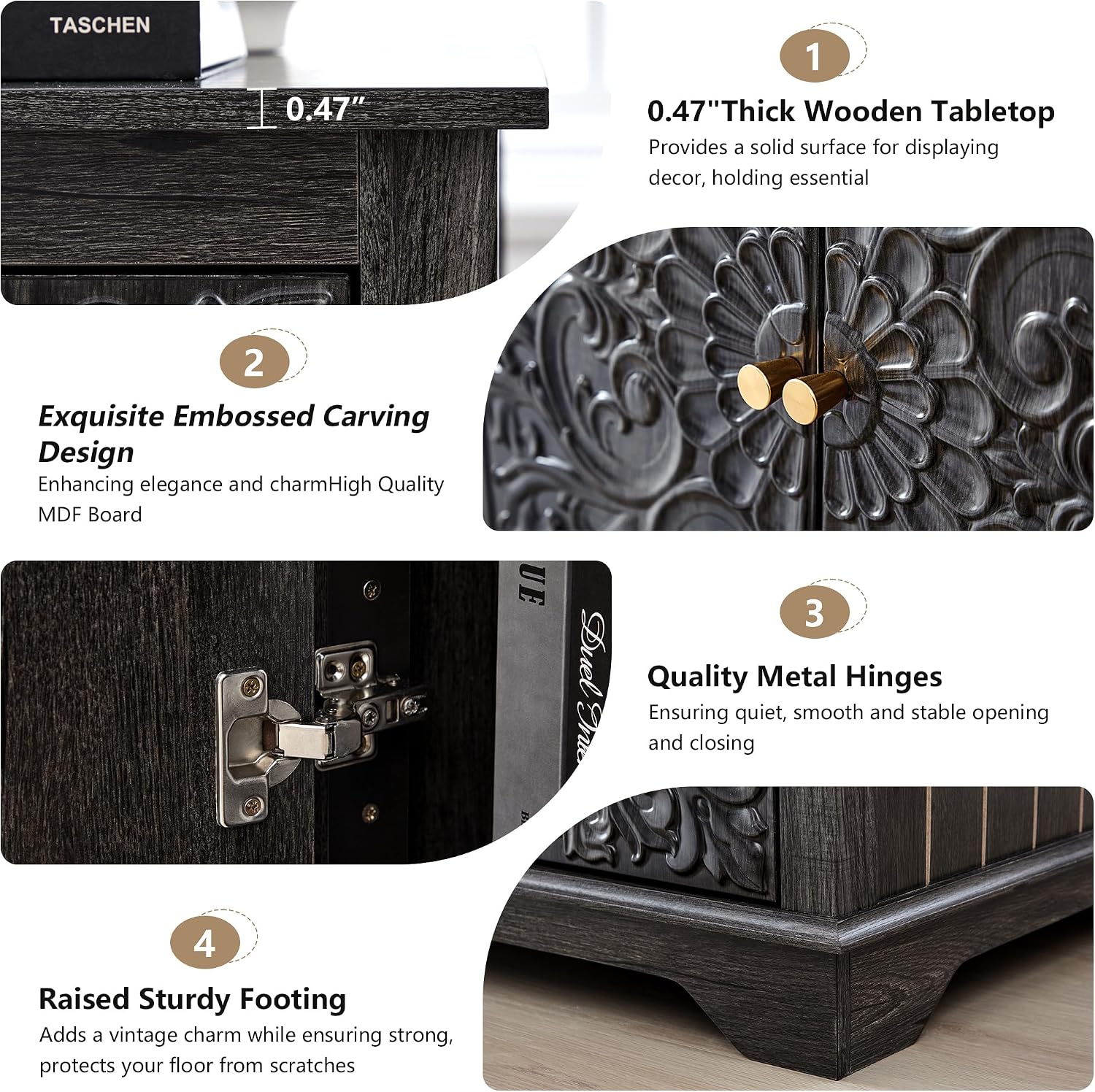 weselon Farmhouse End Table with Carved Floral Door, 24' Wide Nightstand with Adjustable Shelf, Wooden Square Sofa Side Table Storage Table for Living Room Bedroom (Antique Black-Brown)