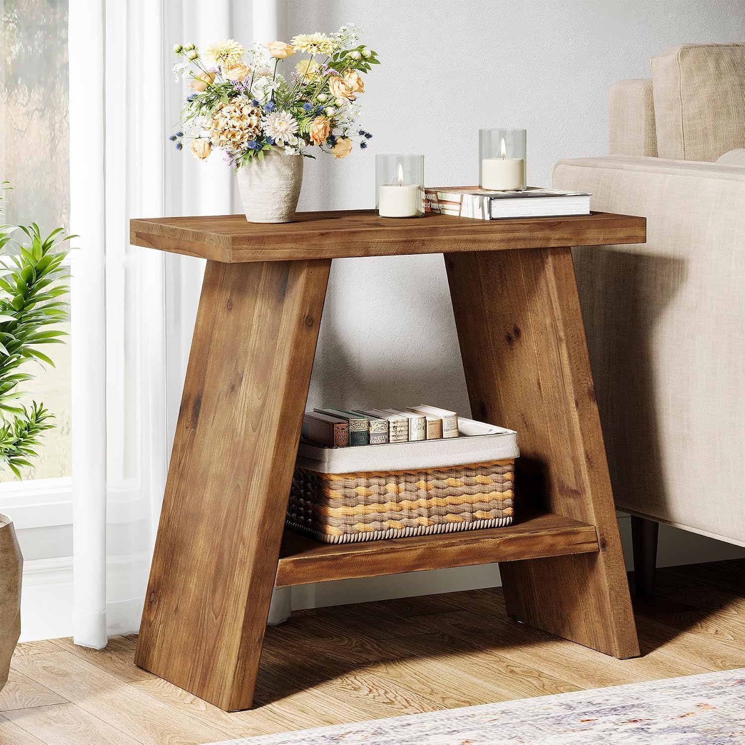 Solid Wood End Table for Living Room Set of 2, Narrow Small Side Table with 2-Tier Storage, Farmhouse Bedside Nightstand for Bedroom, Small Places, Rustic Brown (2 PCS)