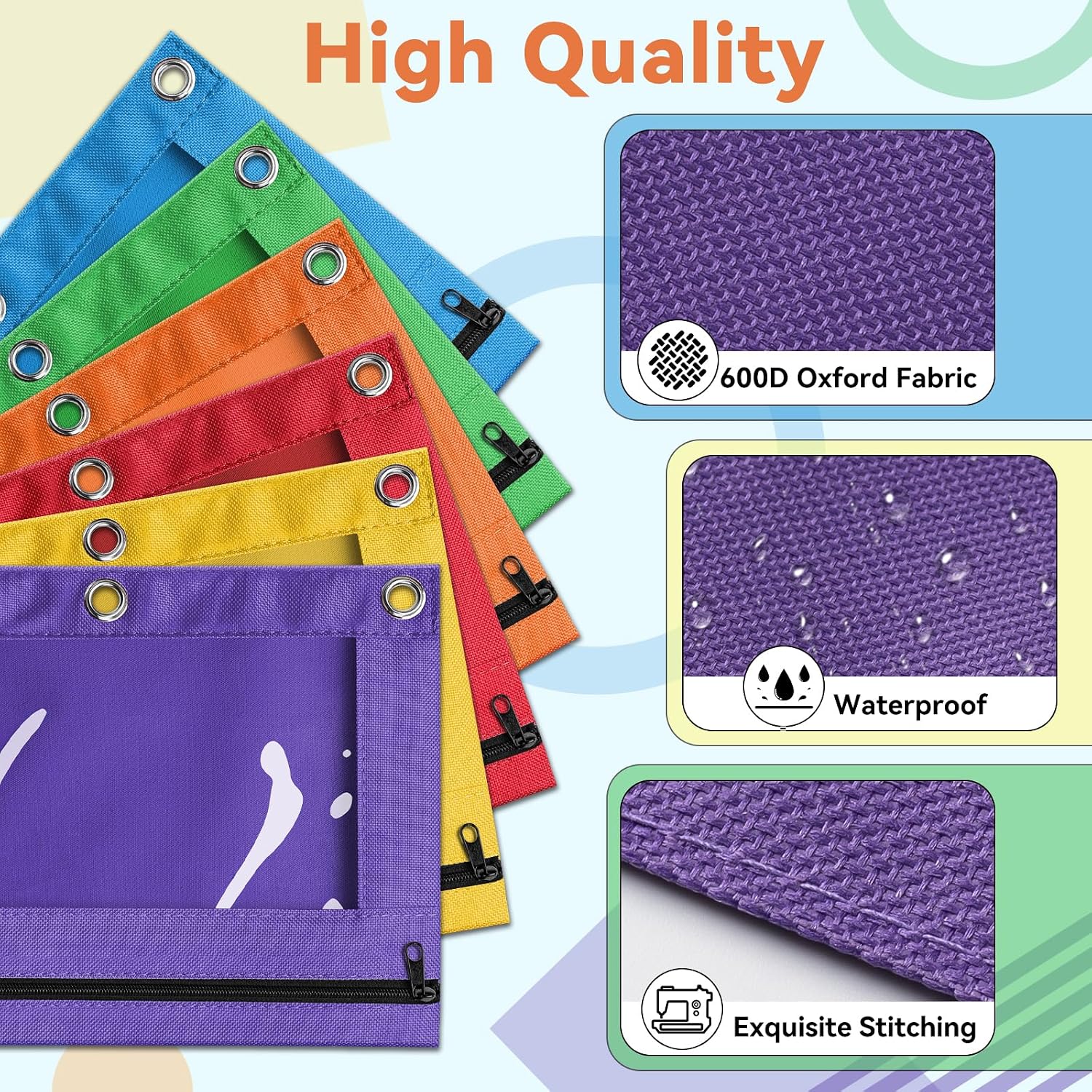 Pencil Pouch for 3 Ring Binder, Bulk 288 Pack 3-Holes Zipper Pencil Pouches in Assorted Colors, Sturdy and Durable Cloth Pencil Holder with Clear Window for Office School College Supplies