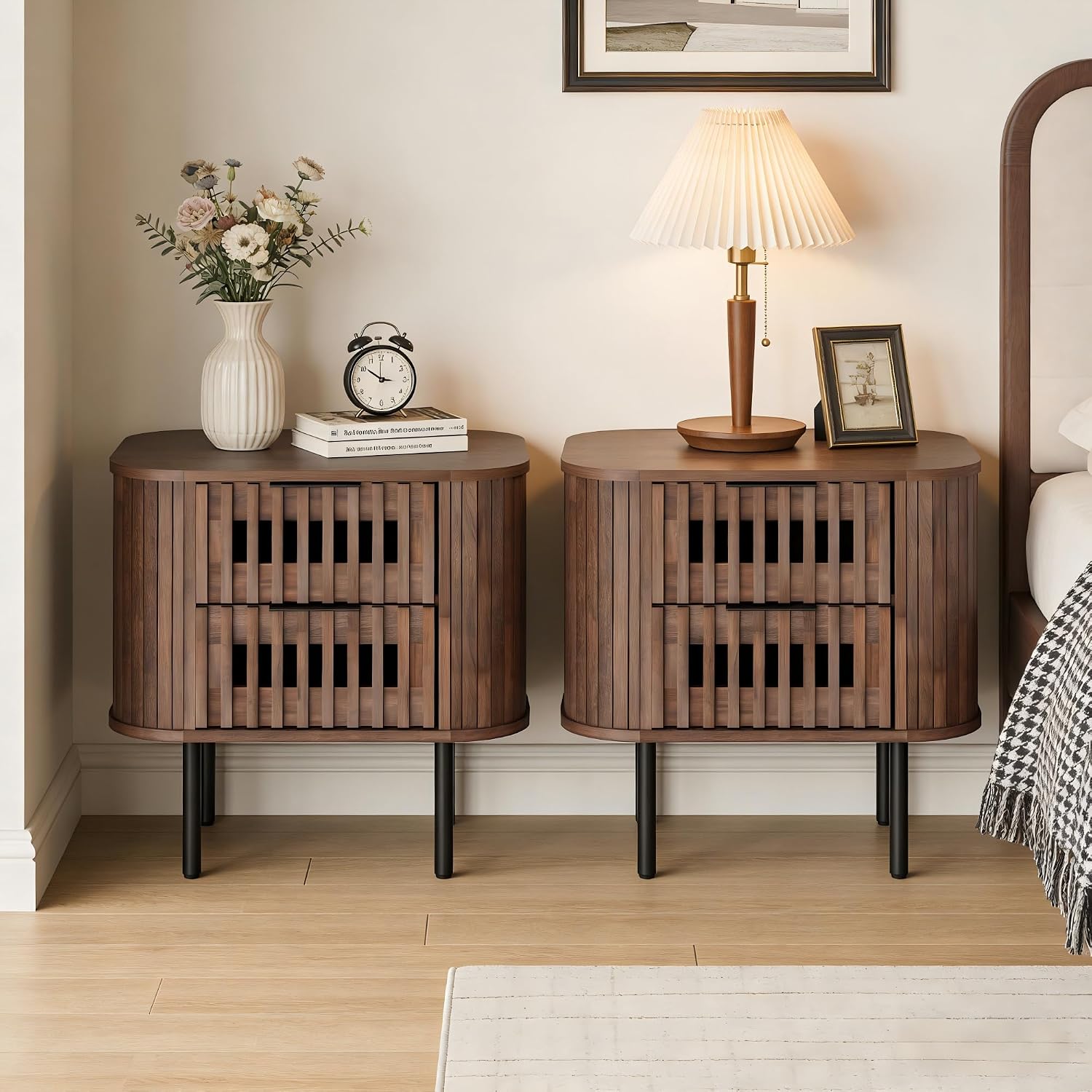 WAMPAT Set of 2 Fluted Nightstands, Modern Wooden End Tables with Drawer, Storage Bedside Table for Bedroom and Living Room
