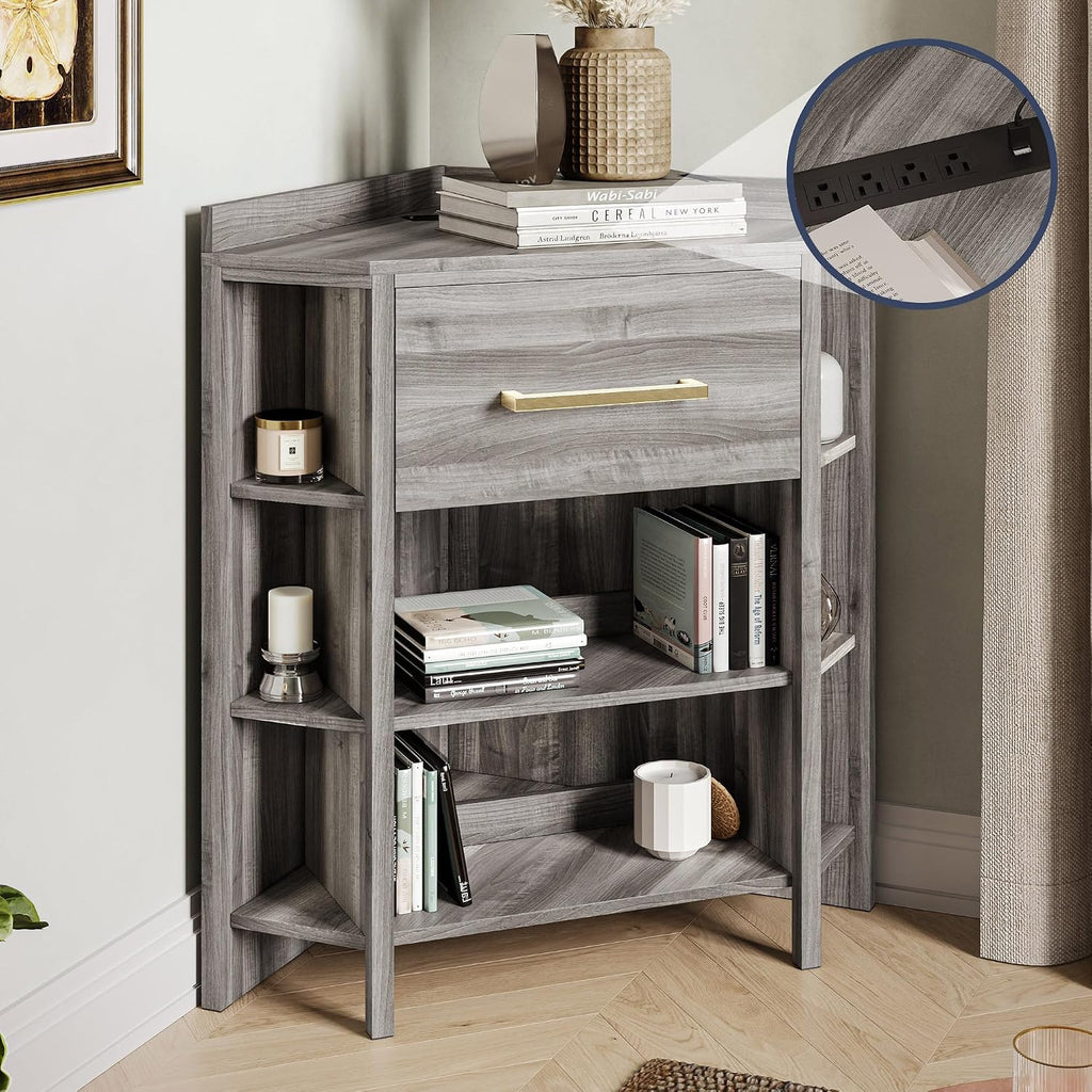 BELLEZE Corner Cabinet with Ultra-Fast USB Type A/C Outlet, Corner Table with 1 Storage Drawer and 8 Shelves, Store and Organize Home Furniture for Bedroom, Living Room Small Space - Sonoma (Gray)