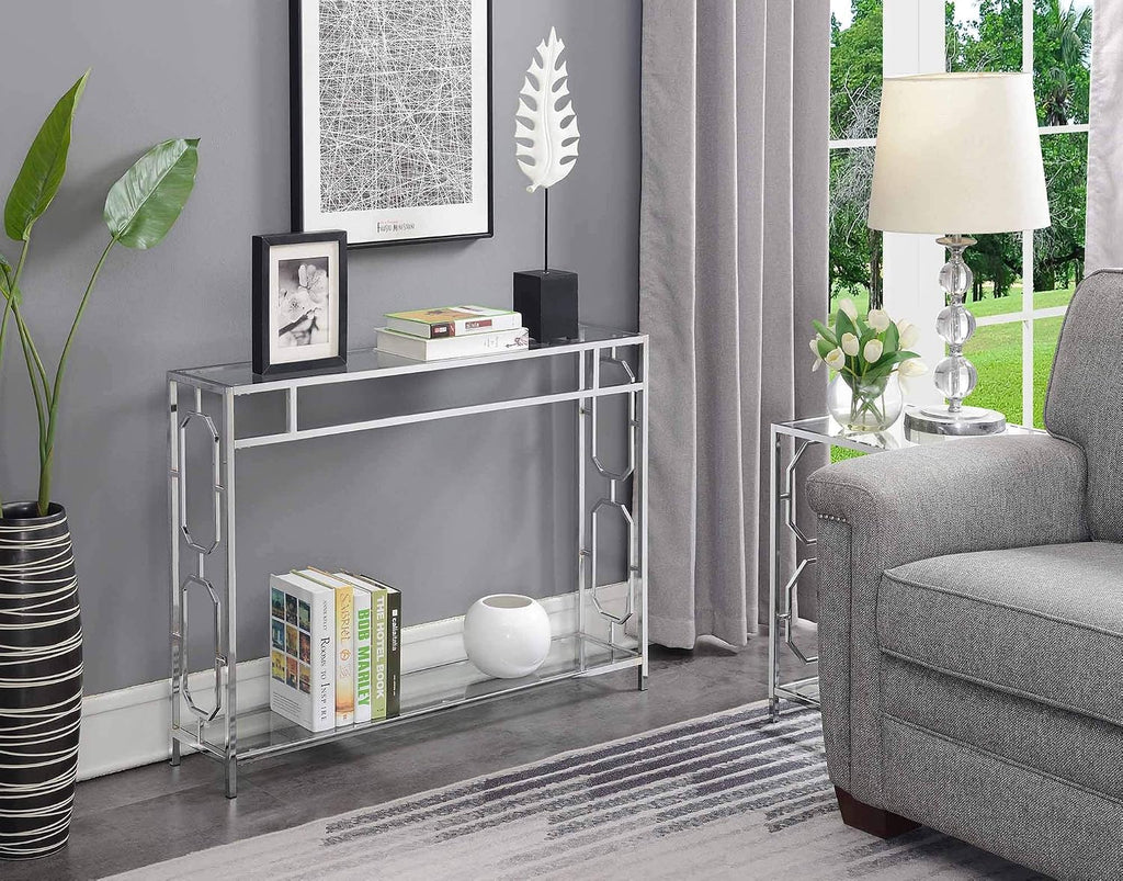 Convenience Concepts Omega Chrome Console Table 42' - Contemporary Modern Sofa Table with Storage Shelf, Narrow Entryway Hall Table for Living Room, Bedroom, Bathroom, Glass/Chrome