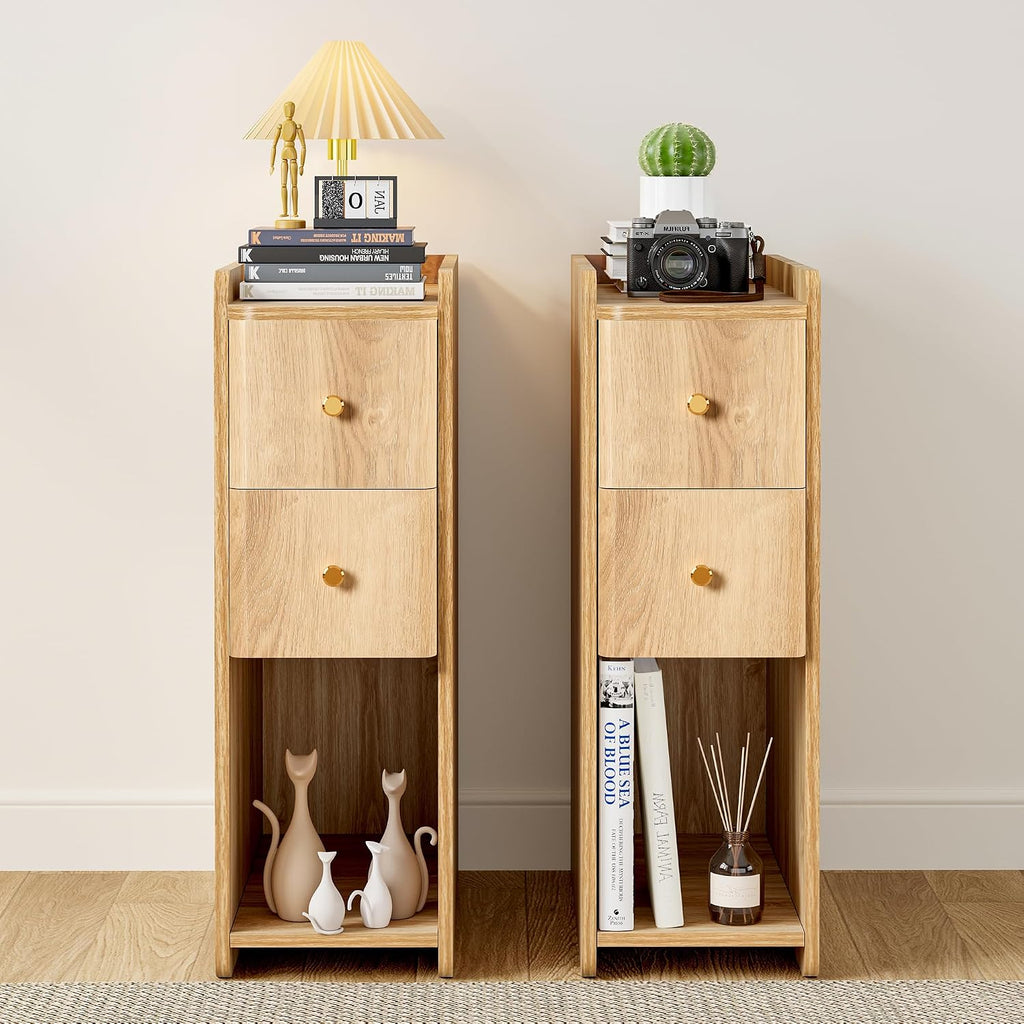 Small Nightstand Set of 2, Wood 2 Drawer Narrow Nightstand, Slim Side Table, Modern Skinny End Bedside Table, Natural Wood Night Stand with Drawers for Bedroom (Natural-2 pcs)