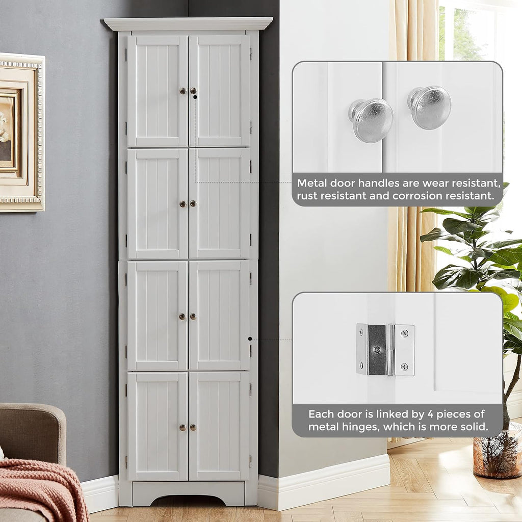 72' Tall Corner Storage Cabinet with Doors and 4 Shelves, Free Standing Corner Hutch Cabinet Kitchen Pantry Storage Cabinet Bookshelf Cabinet for Kitchen Living Room Bedroom (White)