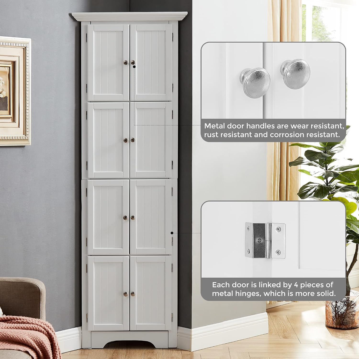 72' Tall Corner Storage Cabinet with Doors and 4 Shelves, Free Standing Corner Hutch Cabinet Kitchen Pantry Storage Cabinet Bookshelf Cabinet for Kitchen Living Room Bedroom (White)