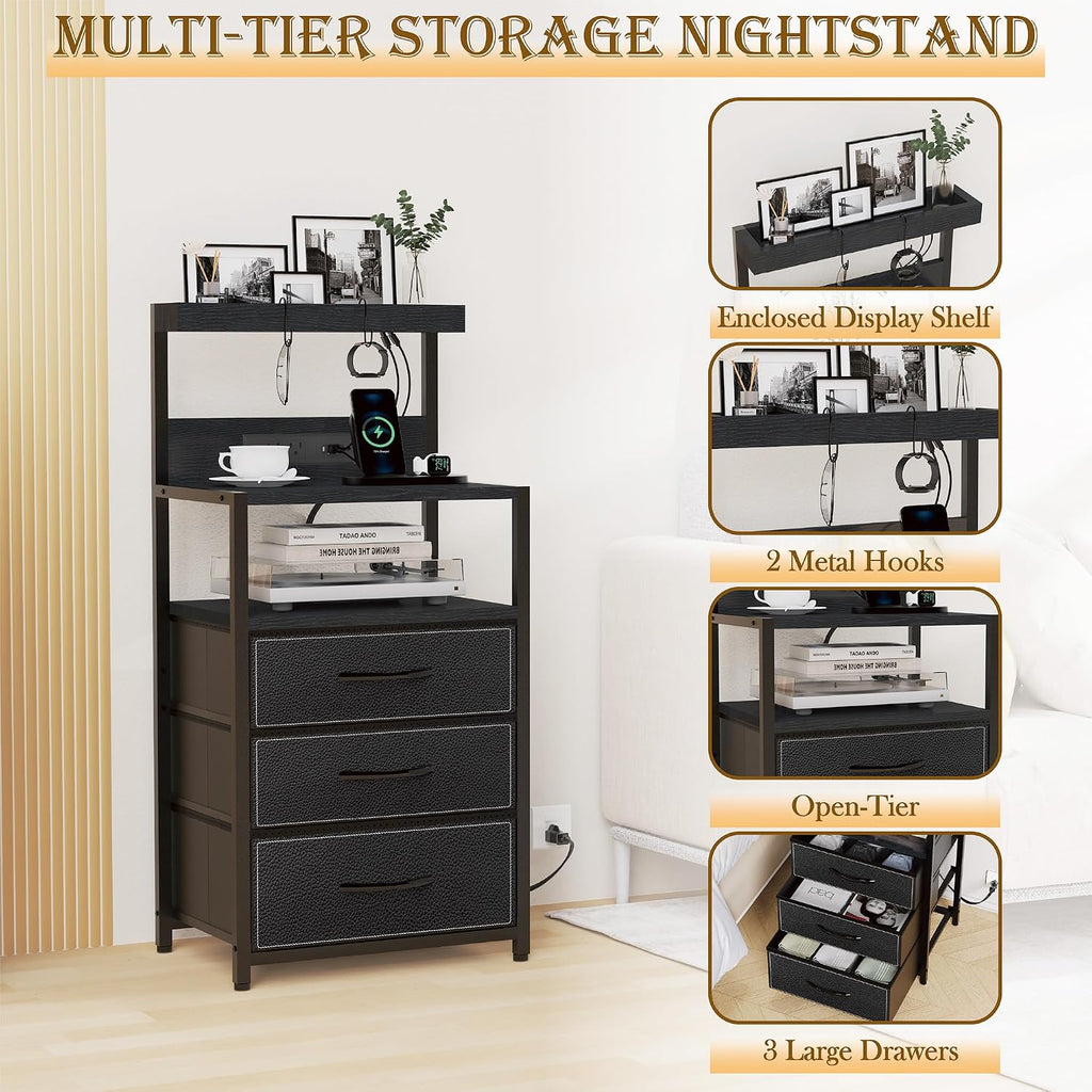 SZLHANJZ Night Stand Set 2 with LED Lights, Bedroom Nightstands with Power Outlet and Type C Port, Bed End Tables with 3 Fabric Drawers, Matching Bedside Tables with Hooks and Shelves, Black