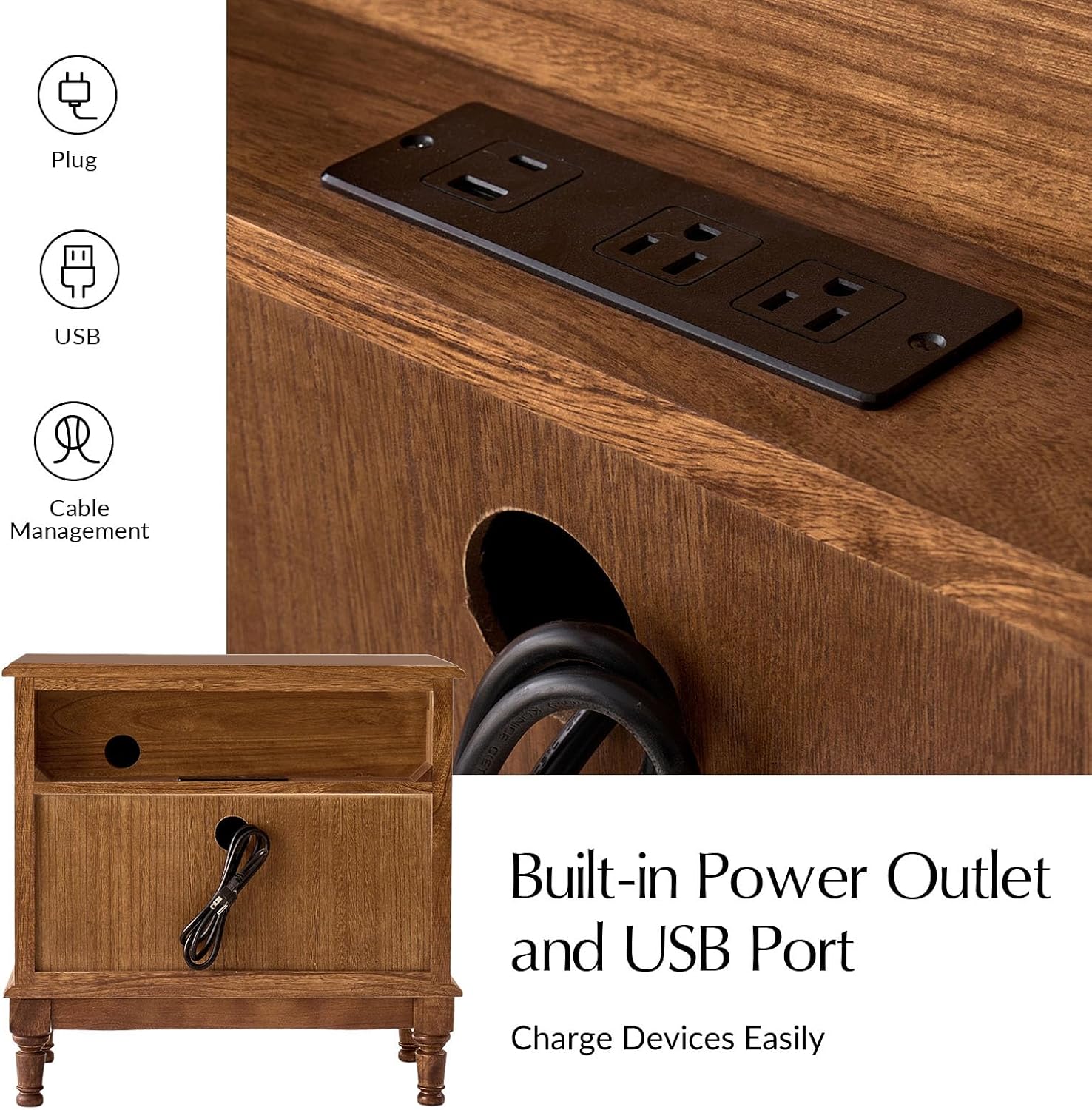 HULALA HOME Solid Wood Storage End Tables with Hidden Pull-Out Shelf, Transitional 2 Drawer Side Tables with Charging Station, Large SideTables with USB Ports, Easy Assembly, (Set of 2, Cherry)