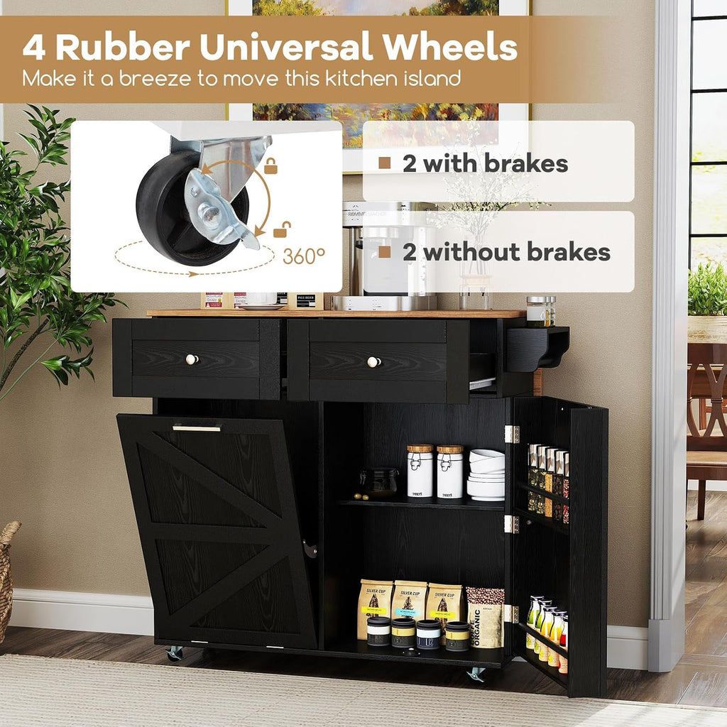 Rolling Kitchen Island with Trash Can Storage Cabinet, Drop Leaf Breakfast Bar Table, Towel Holder, 2 Drawers & Door Racks, 4 Rubber Wheels, Wood Island Table for Kitchen (Black)