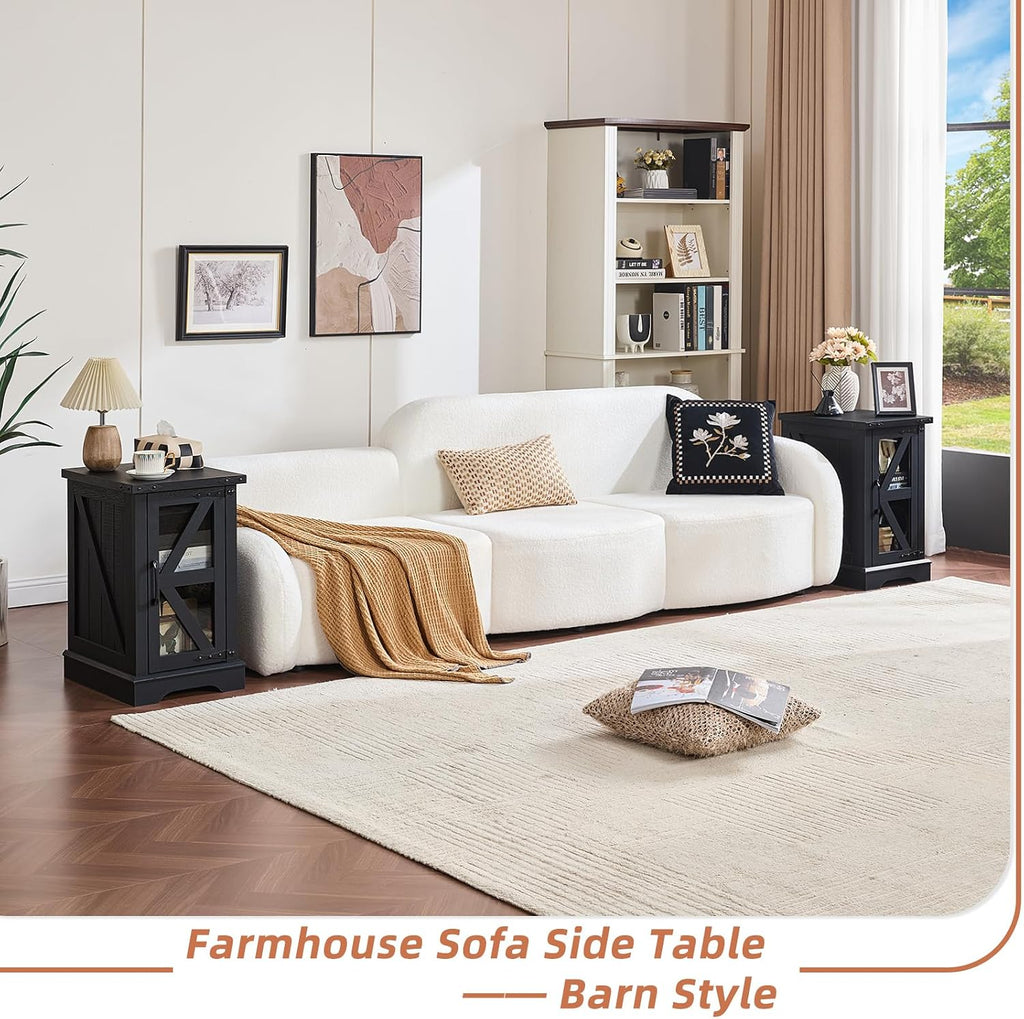 Joaxswe Farmhouse End Table Set 3, Narrow 18'' Night Stand with Glass Barn Door, 24' Square Side Table with Charger Station, Living Room Furniture Sets, Wood Nightstand Bedside Tables for Bedroom